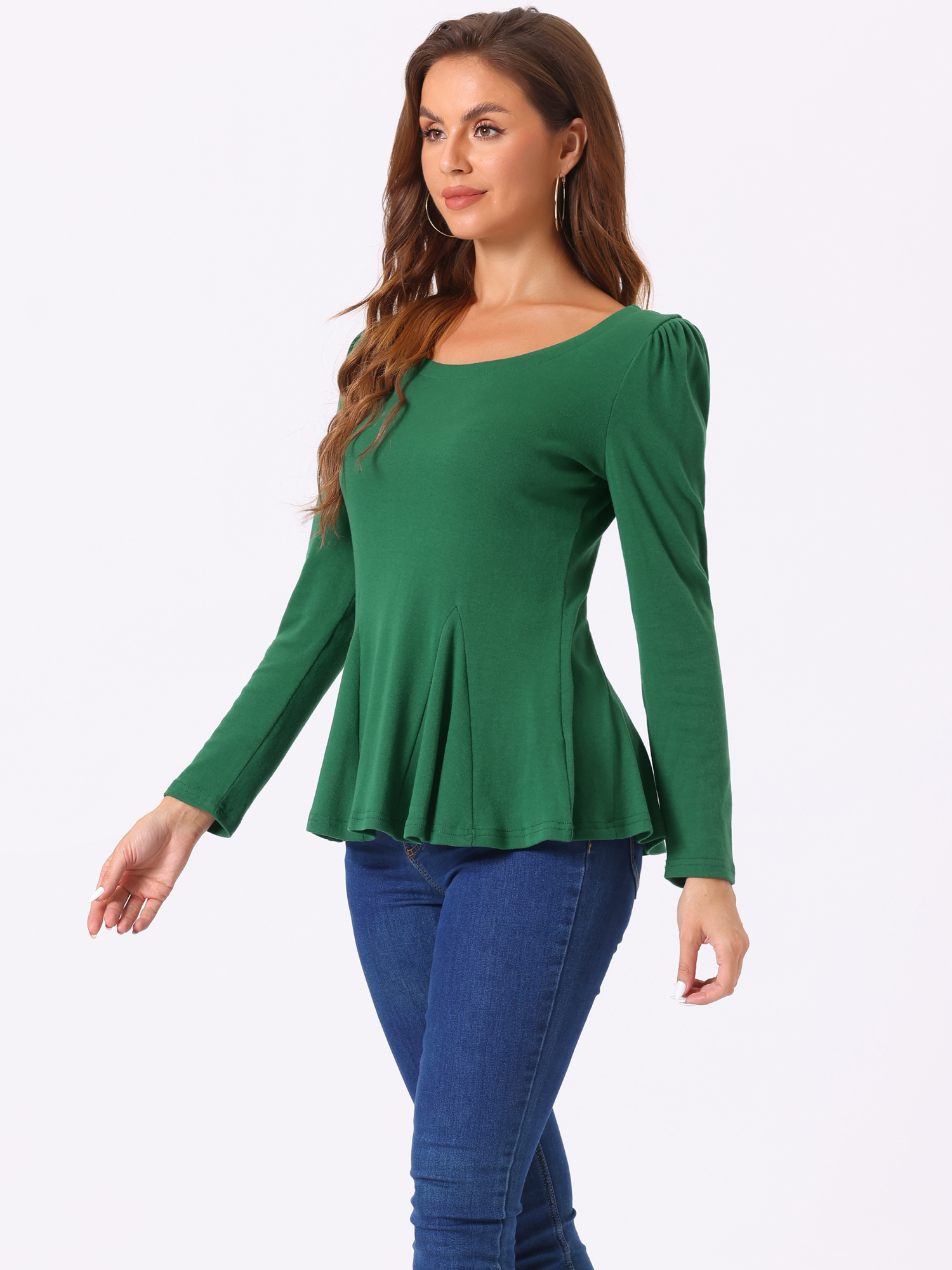 Long Sleeve Scoop Neck Casual Peplum Blouse Dark Green/M
