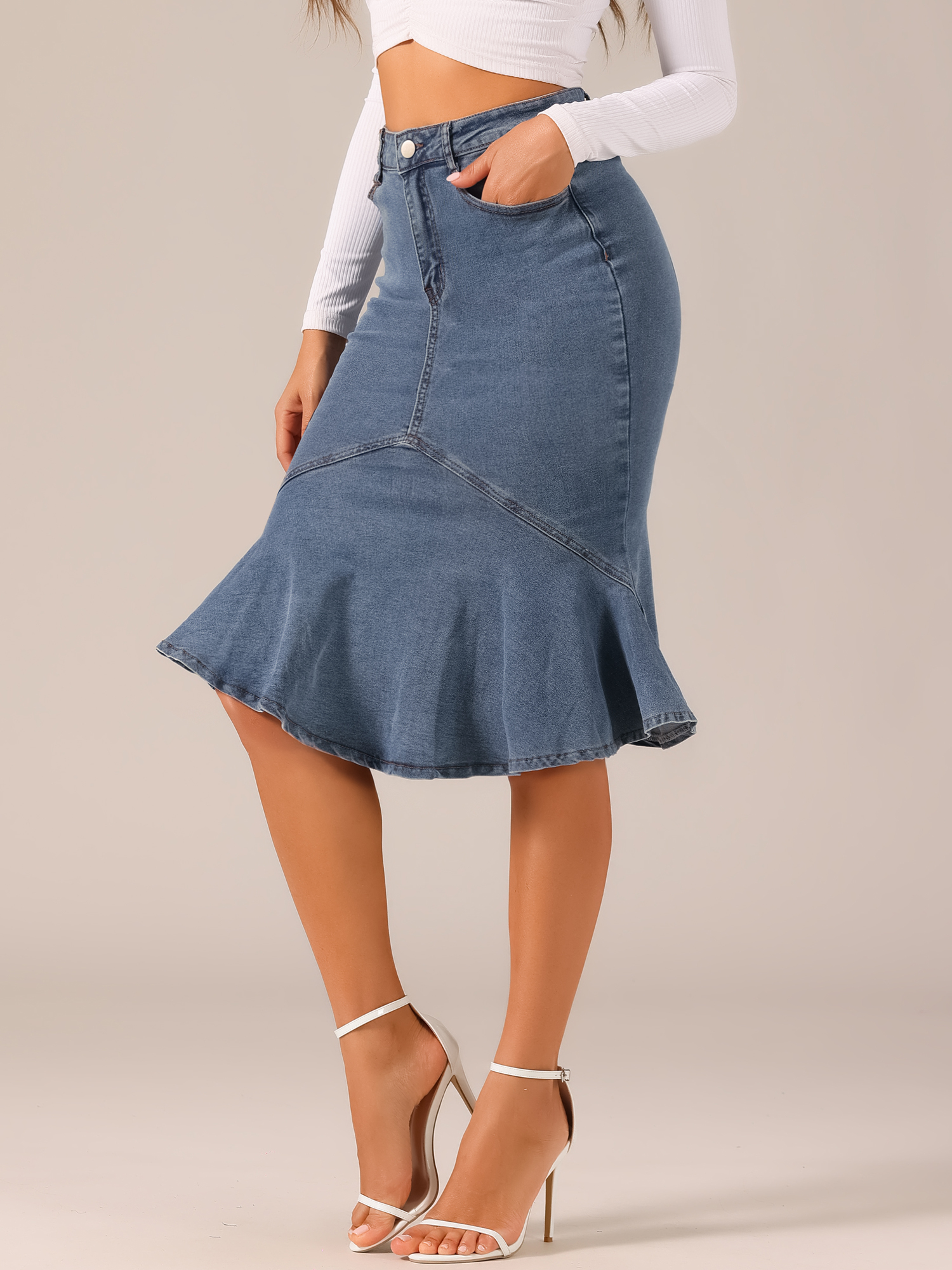 Fishtail Denim High Waist Bodycon Jean Ruffles Skirts Grey Blue/S