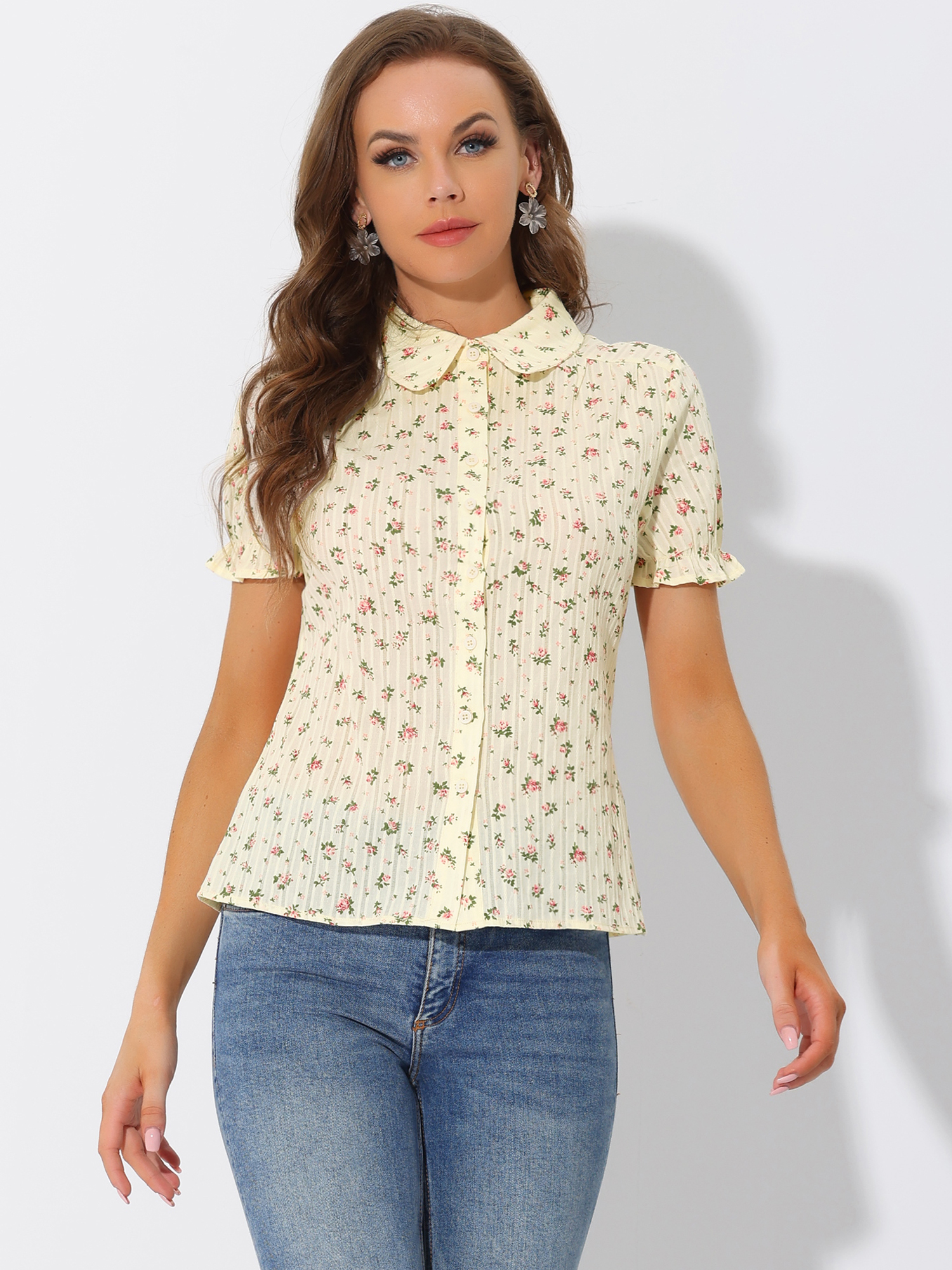 Floral Printed Peter Pan Collar Cotton Short Sleeve Shirt Beige/2XL