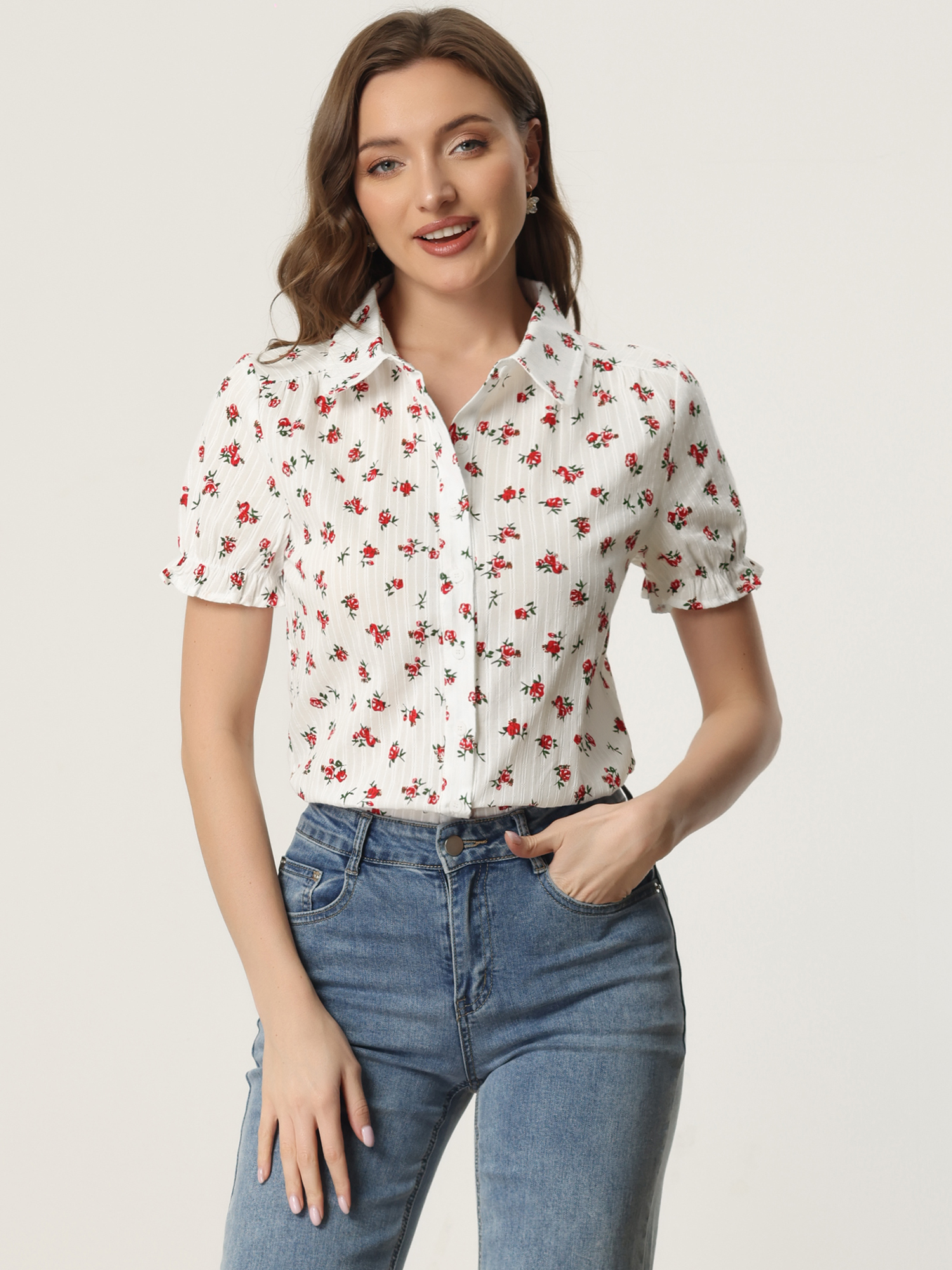 Floral Printed Peter Pan Collar Cotton Short Sleeve Shirt Red/3XL