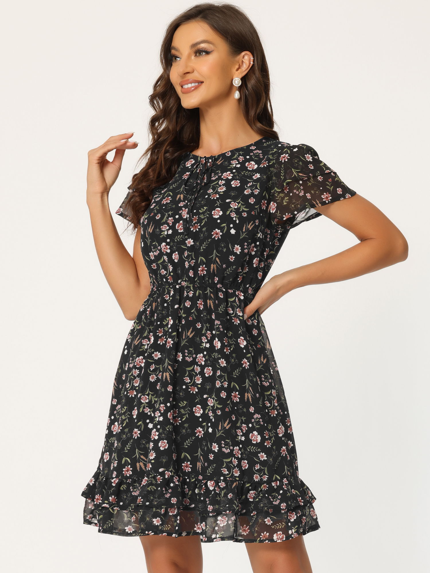 Ruffle Sleeve V Neck Above Knee A-Line Floral Chiffon Dress Black/3XL