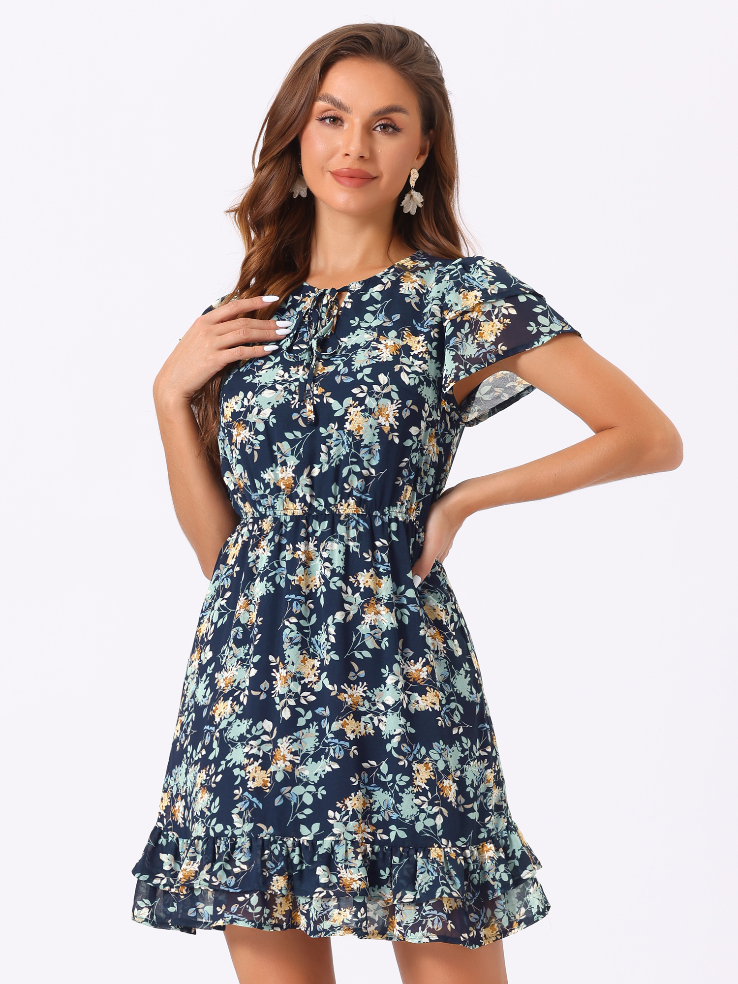 Ruffle Sleeve V Neck Above Knee A-Line Floral Chiffon Dress Navy Blue/2XL