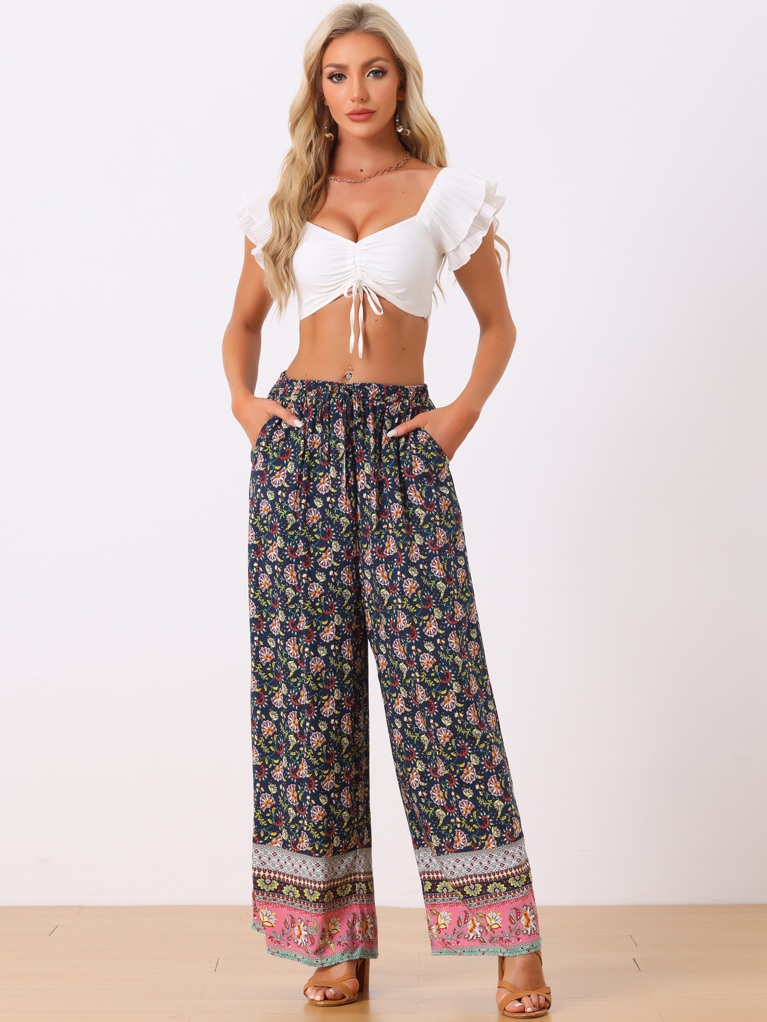 Boho Floral Beach Elastic Waist Palazzo Wide Leg Pockets Pants Navy Blue/M