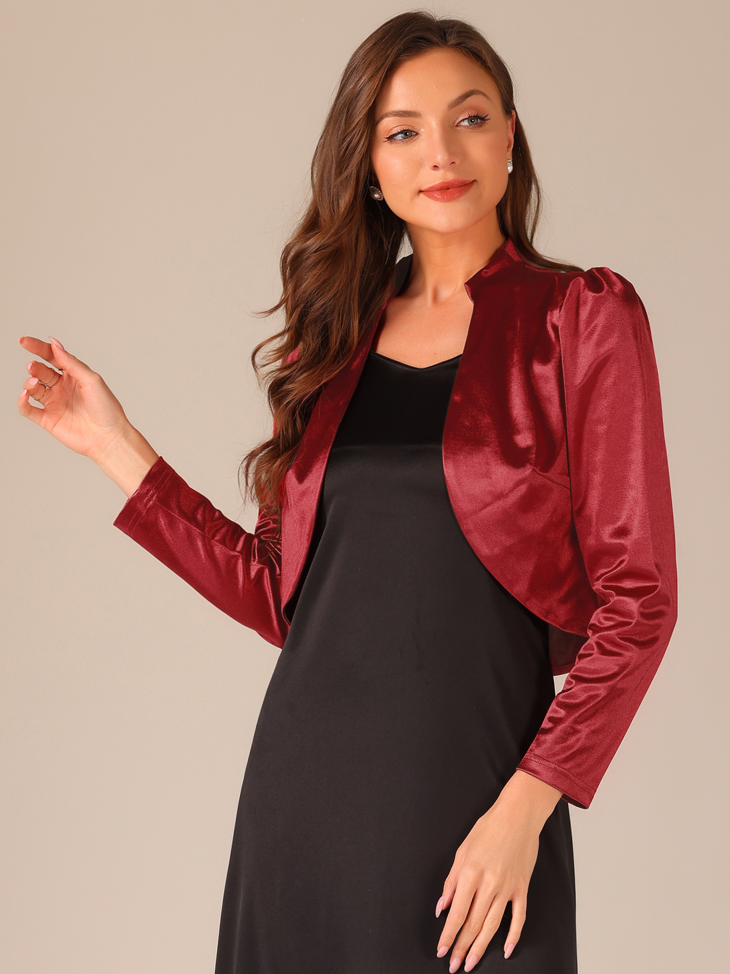 Satin Open Front Long Sleeves Cropped Bolero Shrug Wine/S