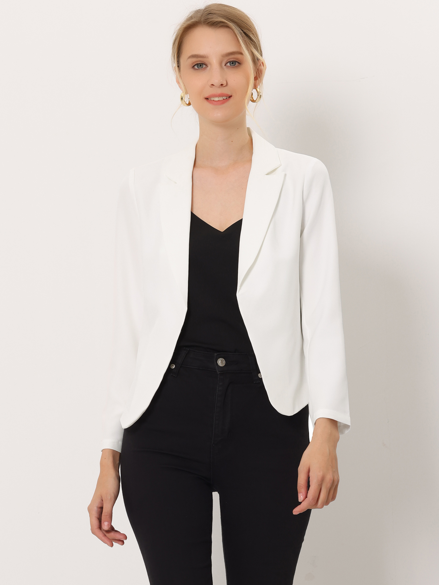 Open Front Office Work Business Crop Suit Blazer Jacket White/3XL