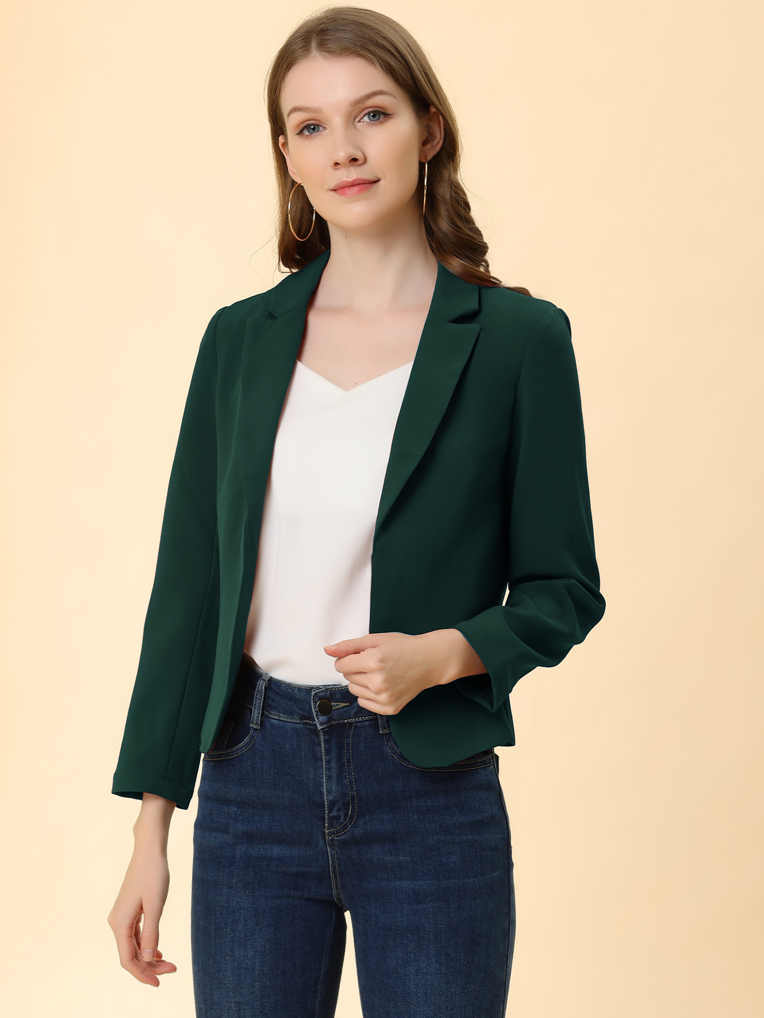 Open Front Office Work Business Crop Suit Blazer Jacket Green/2XL