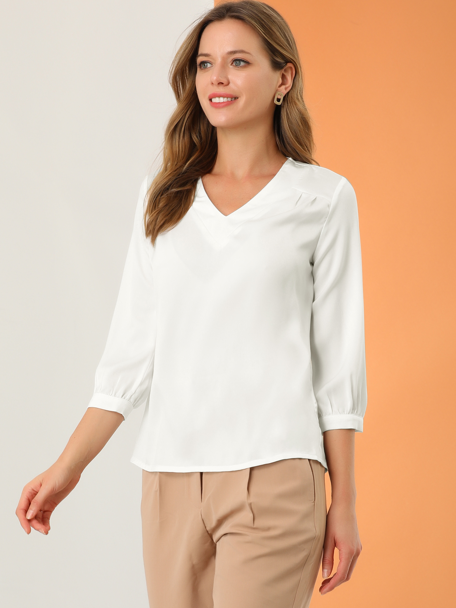 Casual Office Blouse 3/4 Sleeve V Neck Satin Shirt White/3XL
