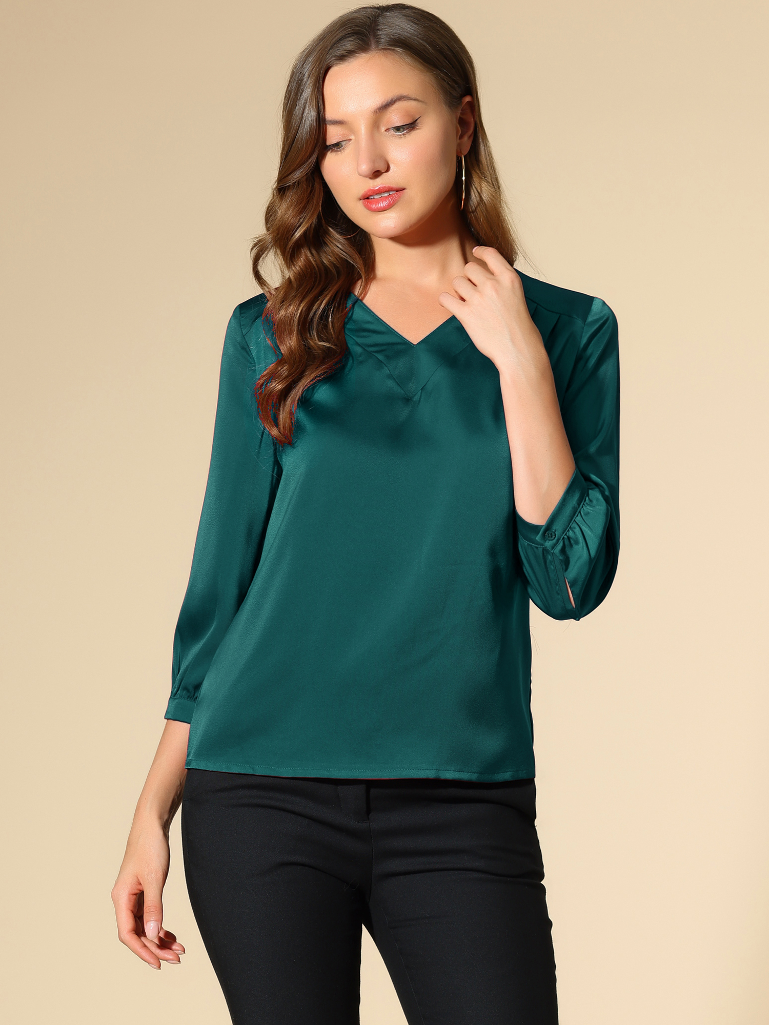 Casual Office Blouse 3/4 Sleeve V Neck Satin Shirt Blue Green/2XL