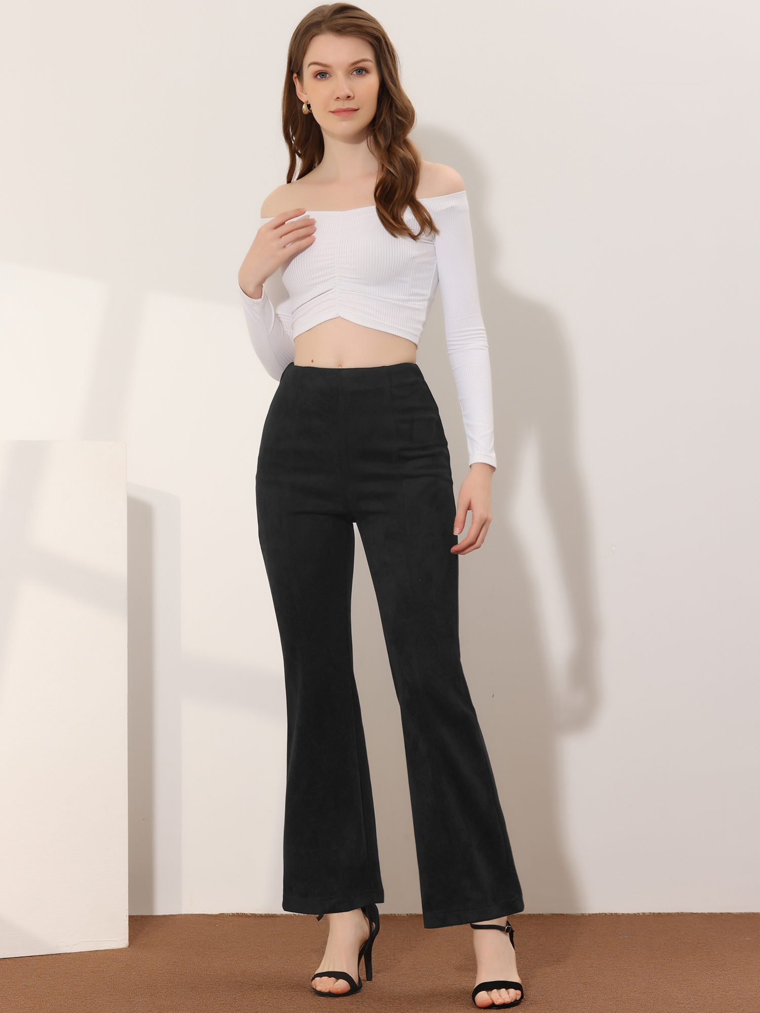 Faux Suede Wide Leg Casual Business Flared Bell Pants Black/2XL