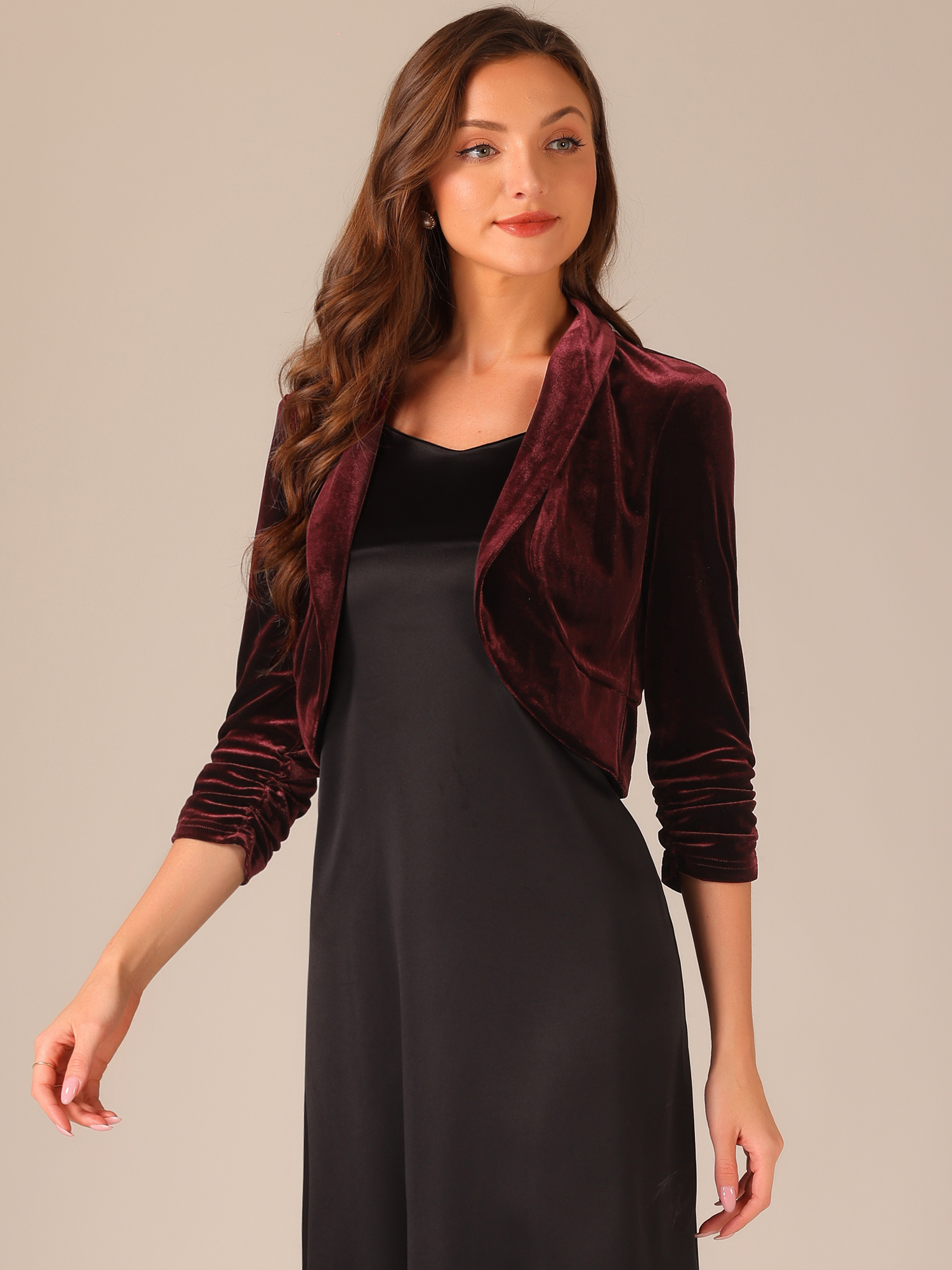 3/4 Sleeve Velvet Open Front Cropped Bolero Shrug Burgundy/XS