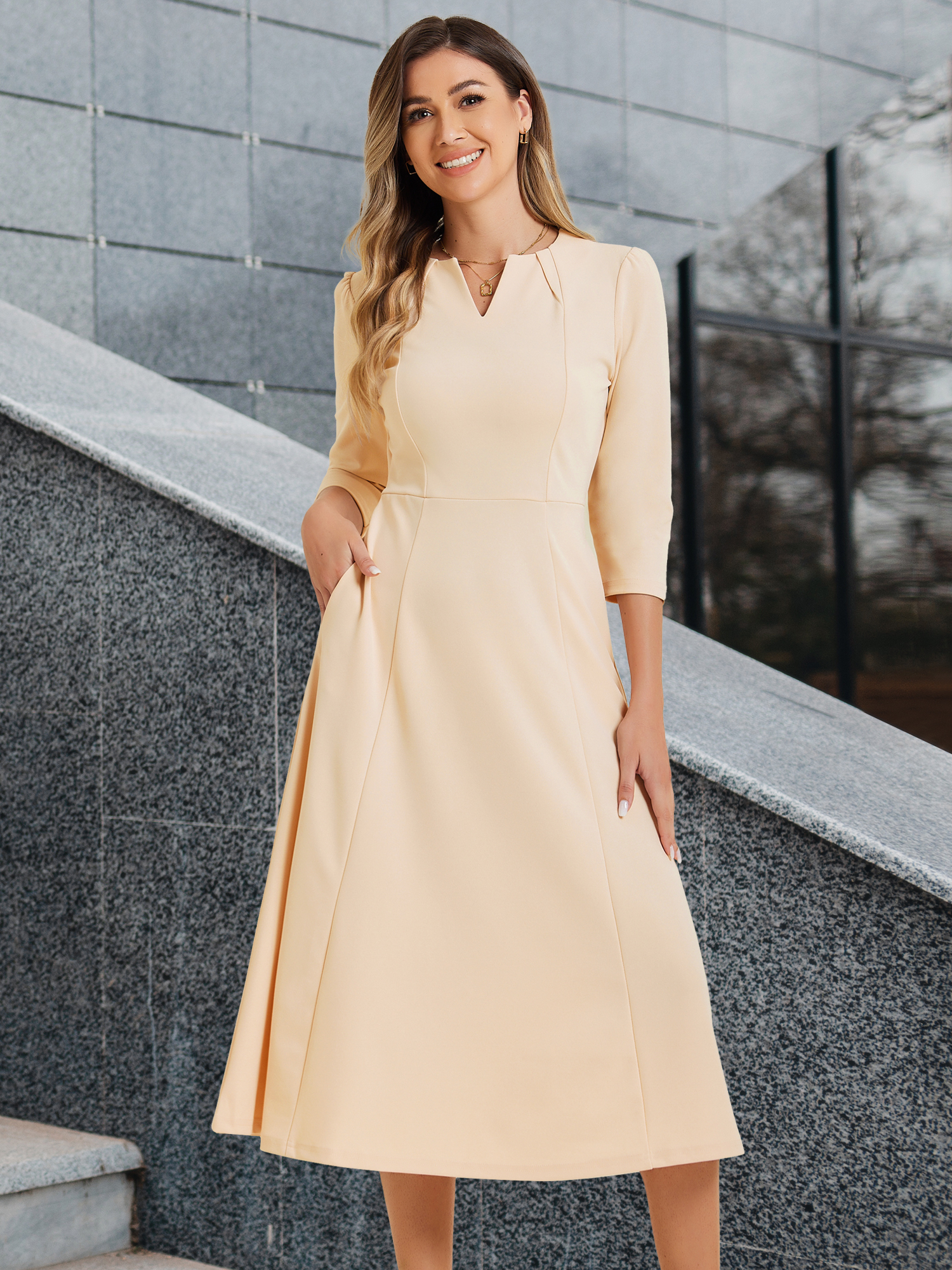 Notch Neck Pocketed 3/4 Sleeve Solid A-Line Work Dress Deep Apricot/L