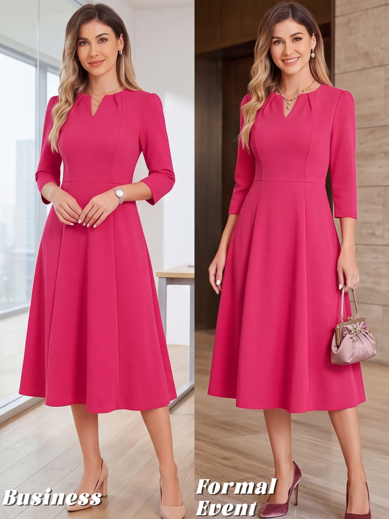 Notch Neck Pocketed 3/4 Sleeve Solid A-Line Work Dress Hot Pink/S