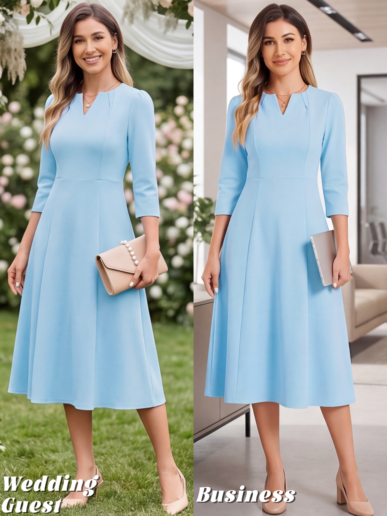 Notch Neck Pocketed 3/4 Sleeve Solid A-Line Work Dress Light Blue/S