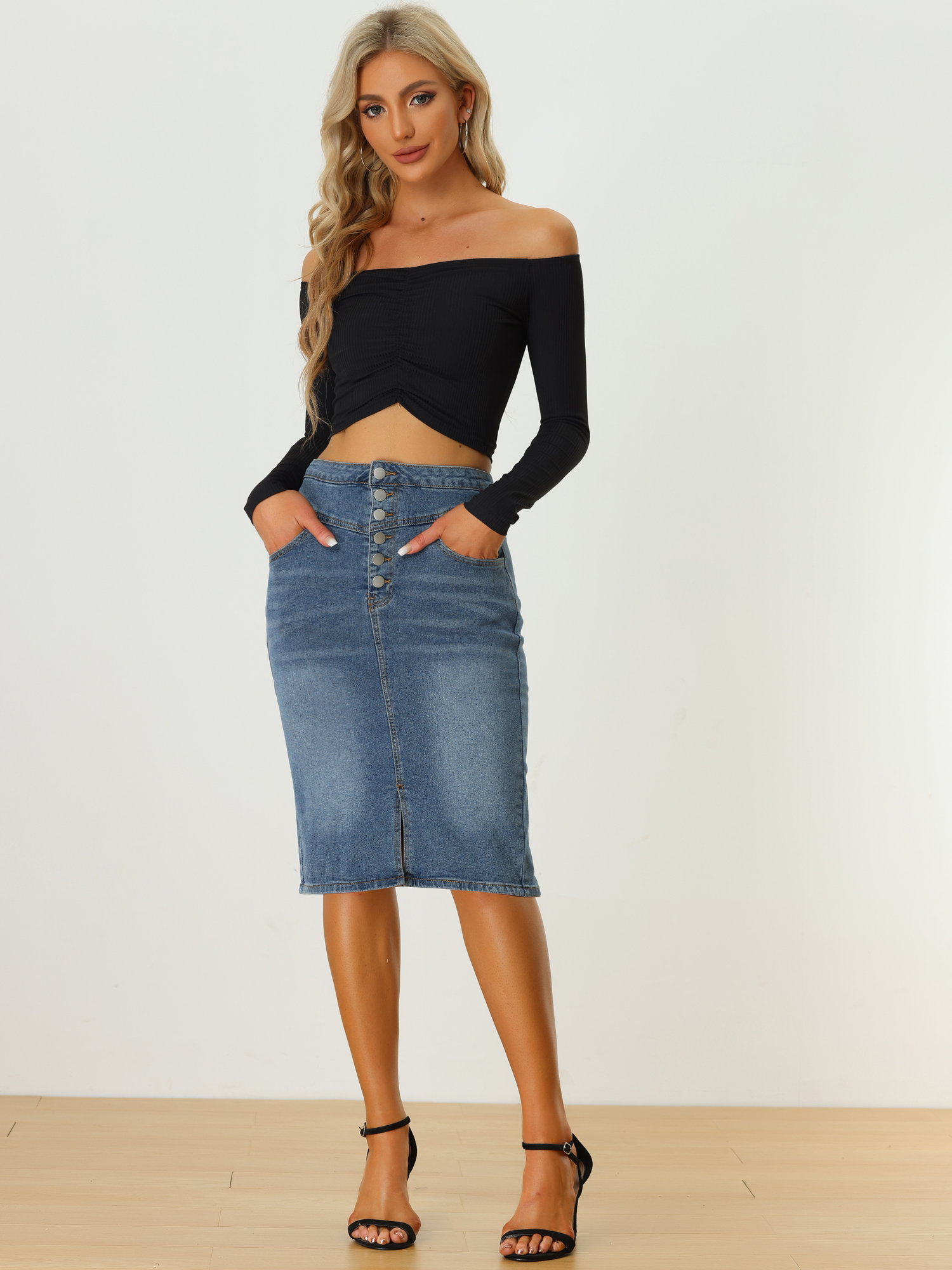 Denim Pencil Button High Waist Split Hem Casual Midi Jean Skirts Blue/2XL