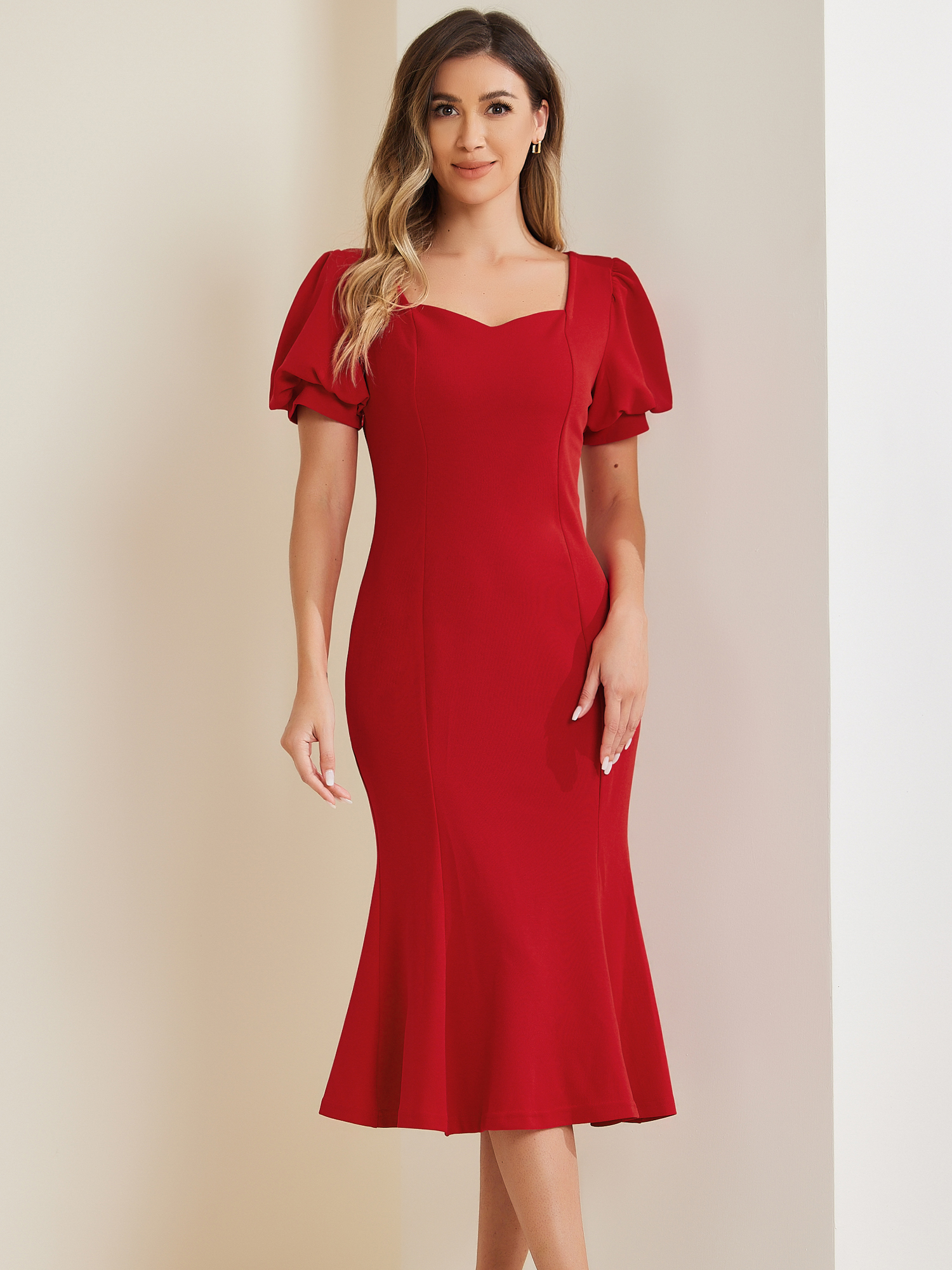Sweetheart Neck Puff Short Sleeve Mermaid Fishtail Midi Dress Red/S