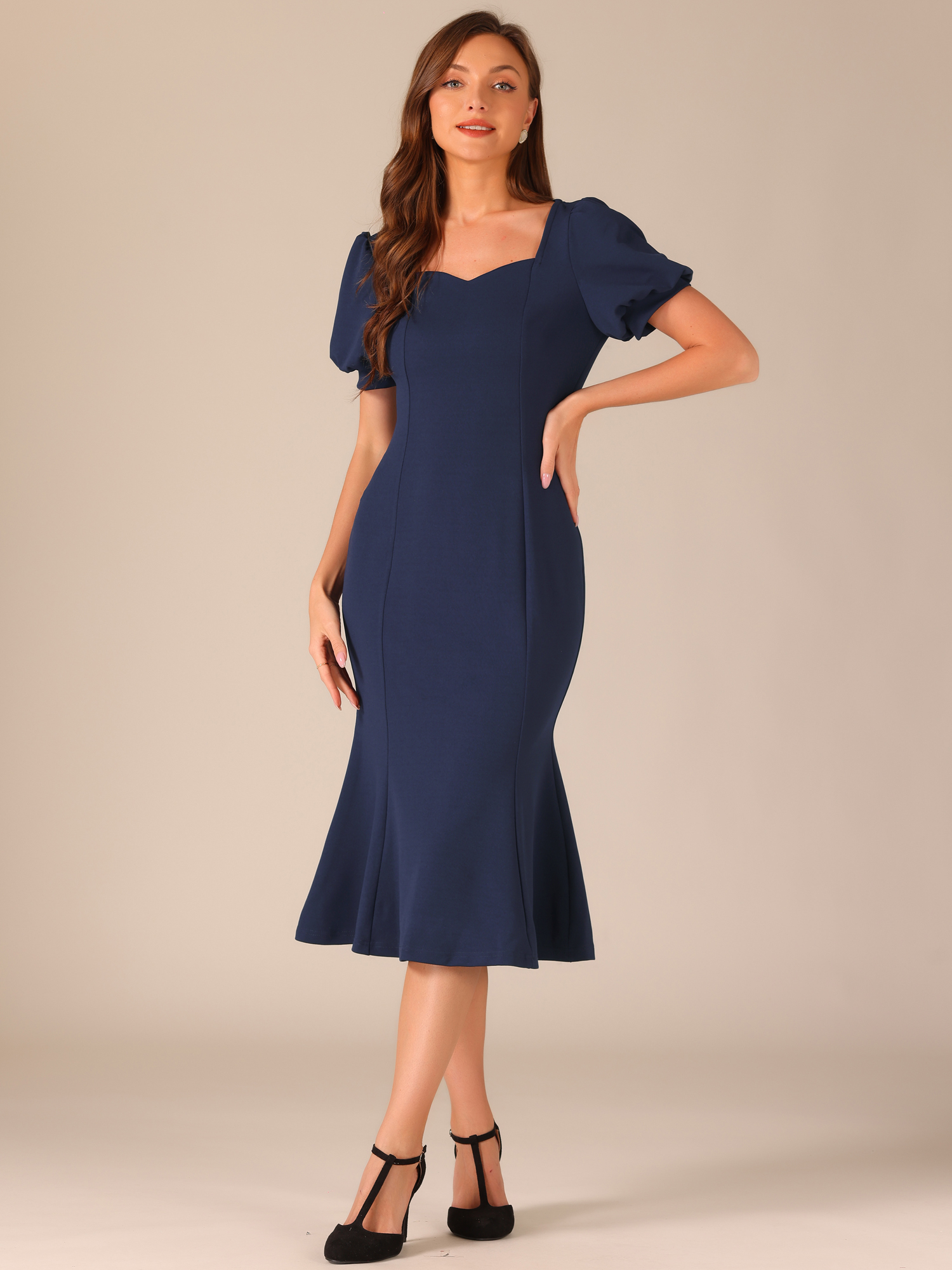 Sweetheart Neck Puff Short Sleeve Mermaid Fishtail Midi Dress Dark Blue/XS