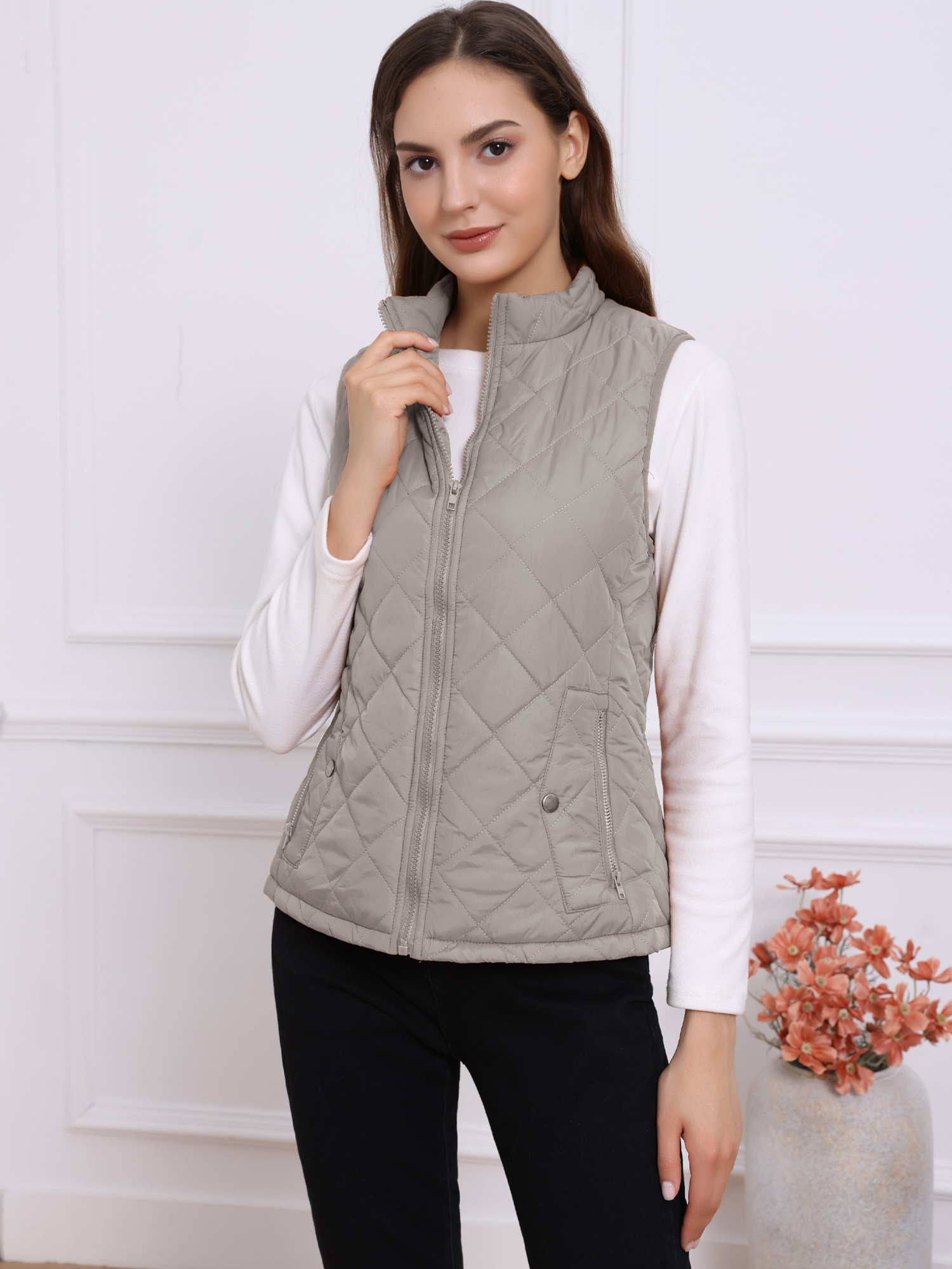 Stand Collar Lightweight Gilet Quilted Zipper Vest Gray/2XL