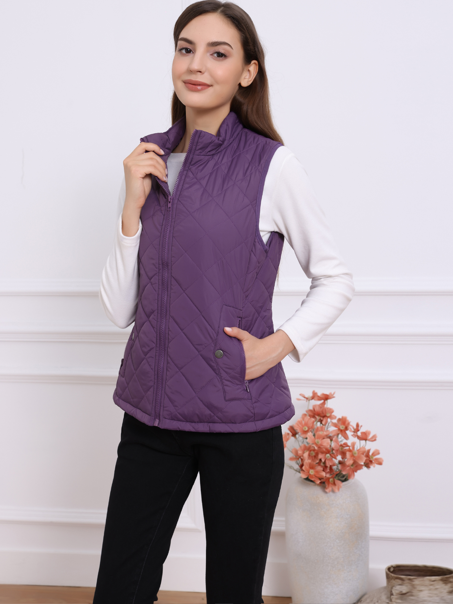 Stand Collar Lightweight Gilet Quilted Zipper Vest Purple/3XL