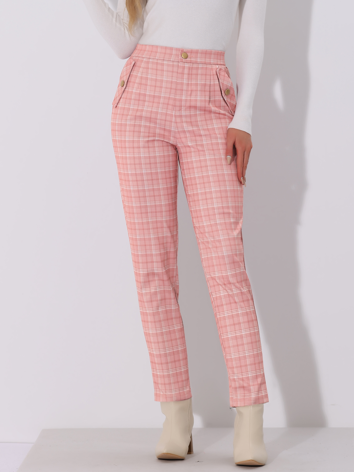 Vintage Tartan Plaid Pants Elastic Waist Straight Long Trousers Pink/XS