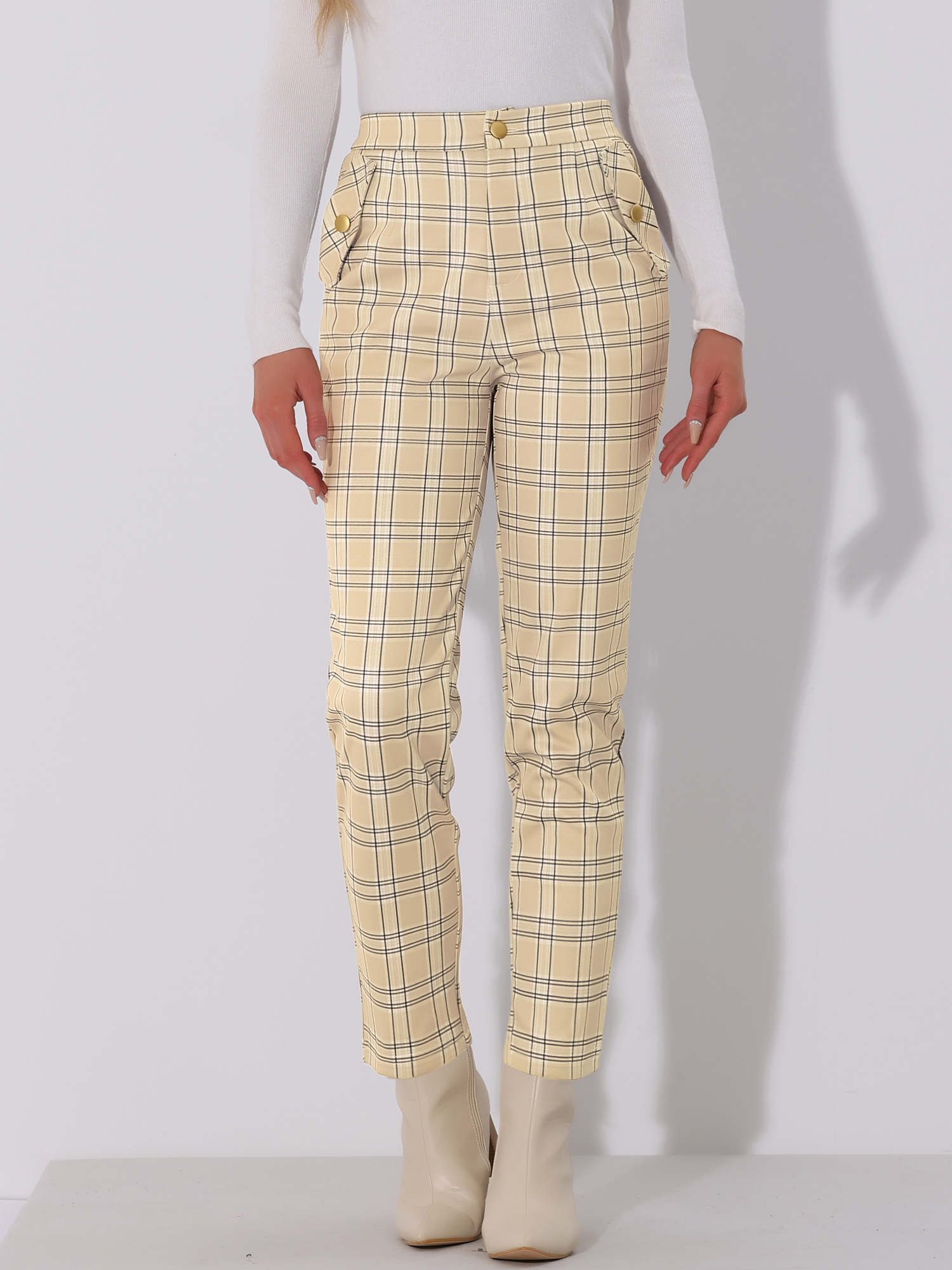 Vintage Tartan Plaid Pants Elastic Waist Straight Long Trousers Light Beige/XS