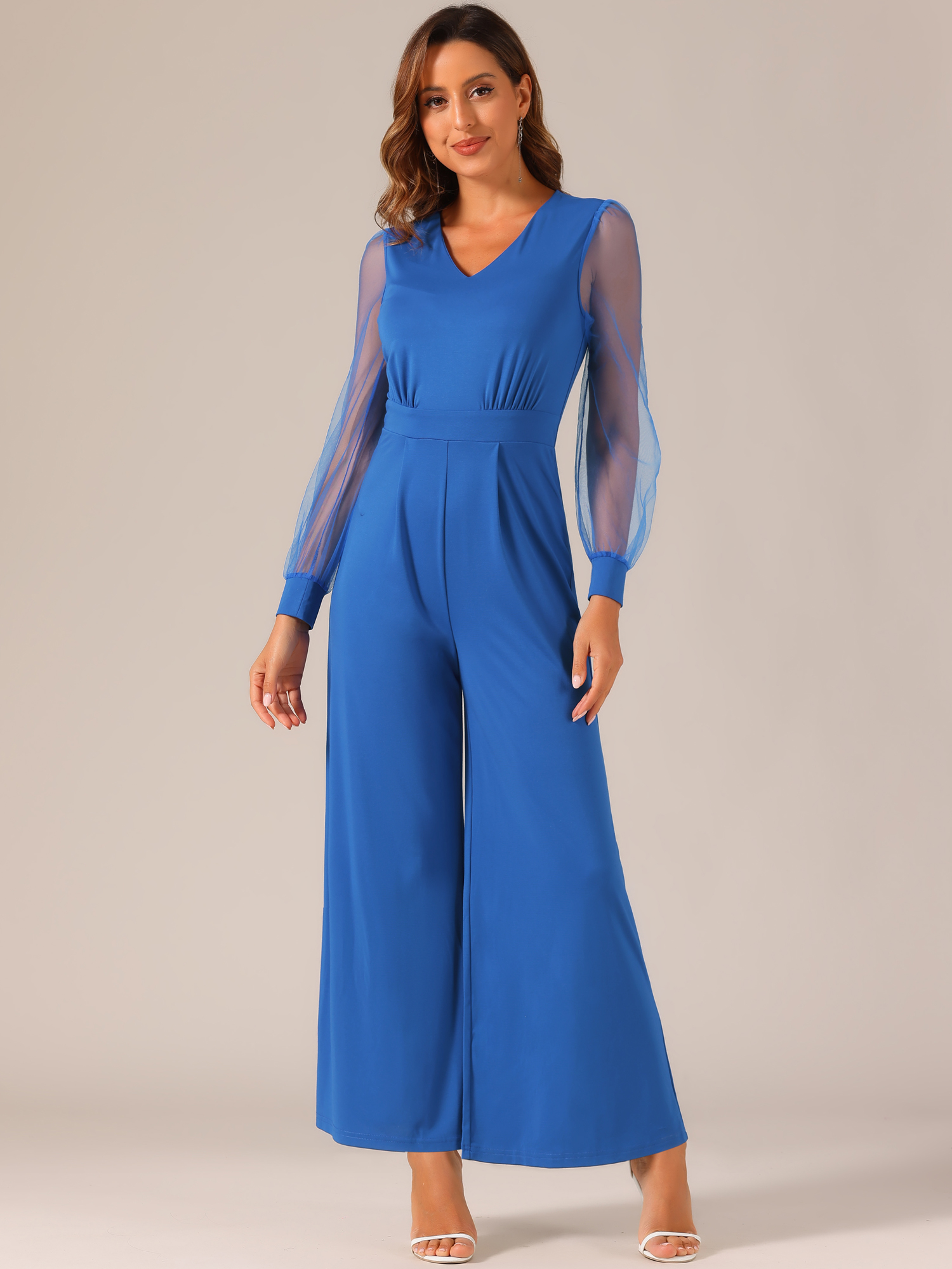 Elegant V Neck Mesh Long Sleeve Loose Wide Leg Jumpsuits Royal Blue/XS