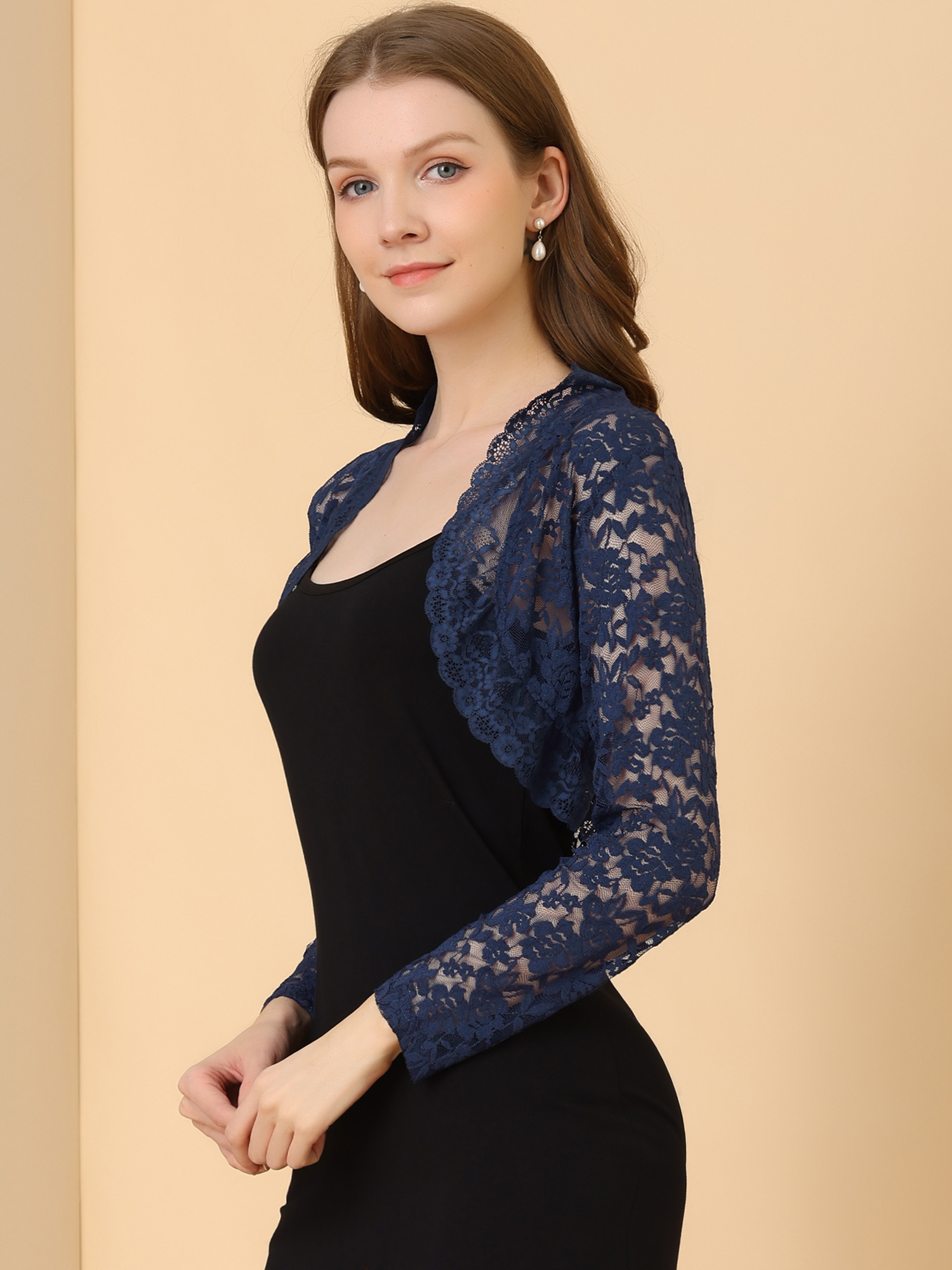 Elegant Sheer Floral Lace Cropped Bolero Shrugs Dark Blue/3XL