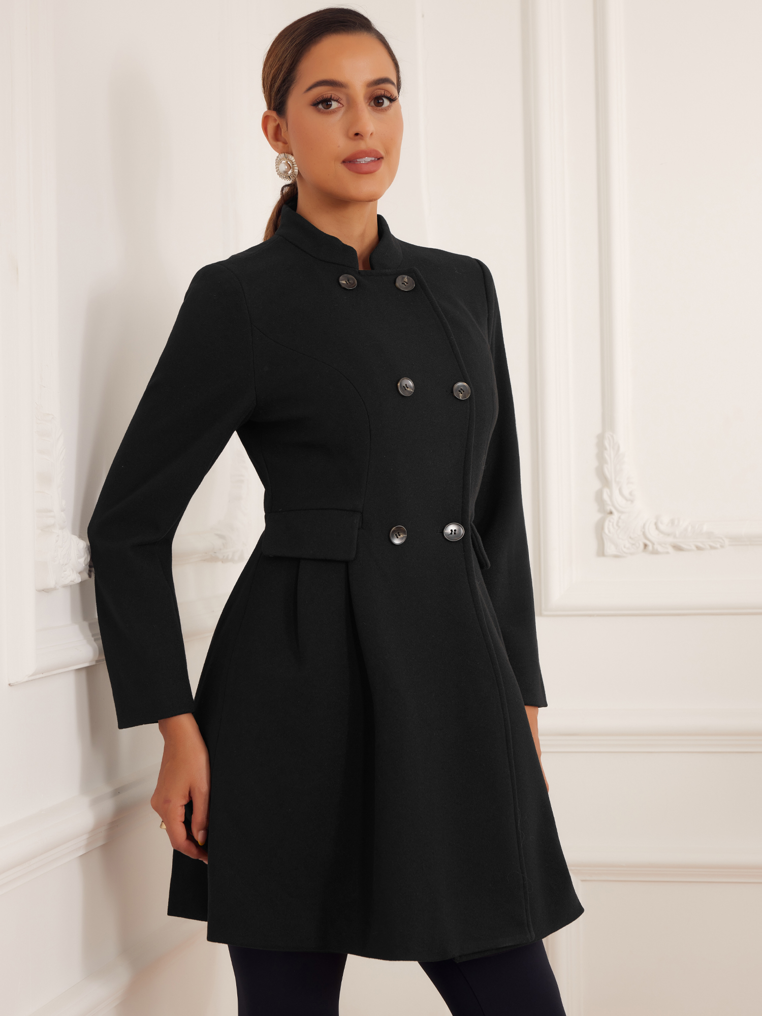 Stand Collar Double Breasted Pocket Long Sleeve Winter Coats Black/XL