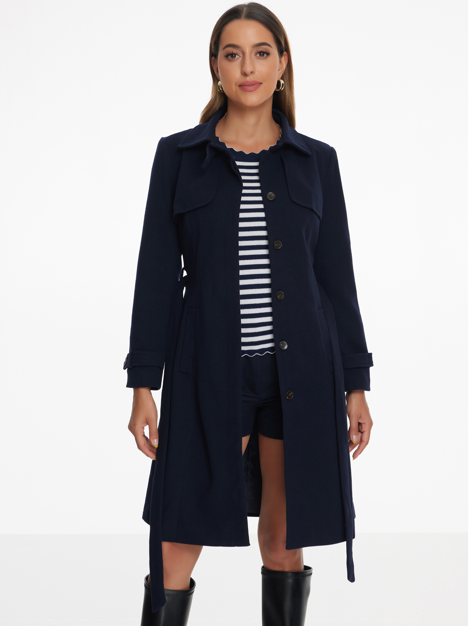 Collared Single Breasted Long Sleeve Belted Pea Coat Dark Blue/L