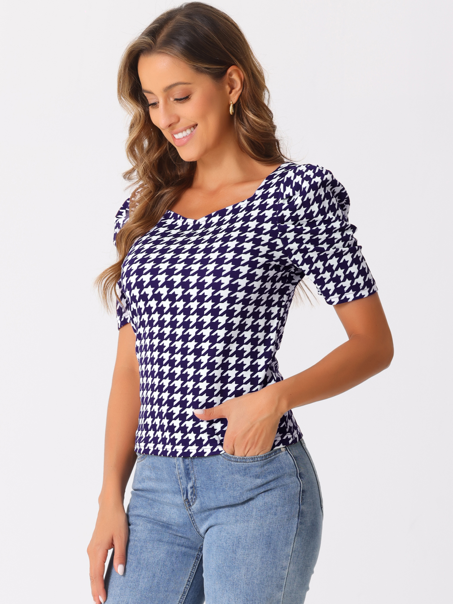 Houndstooth Puff Short Sleeve Square Neck Blouse Dark Blue/XL