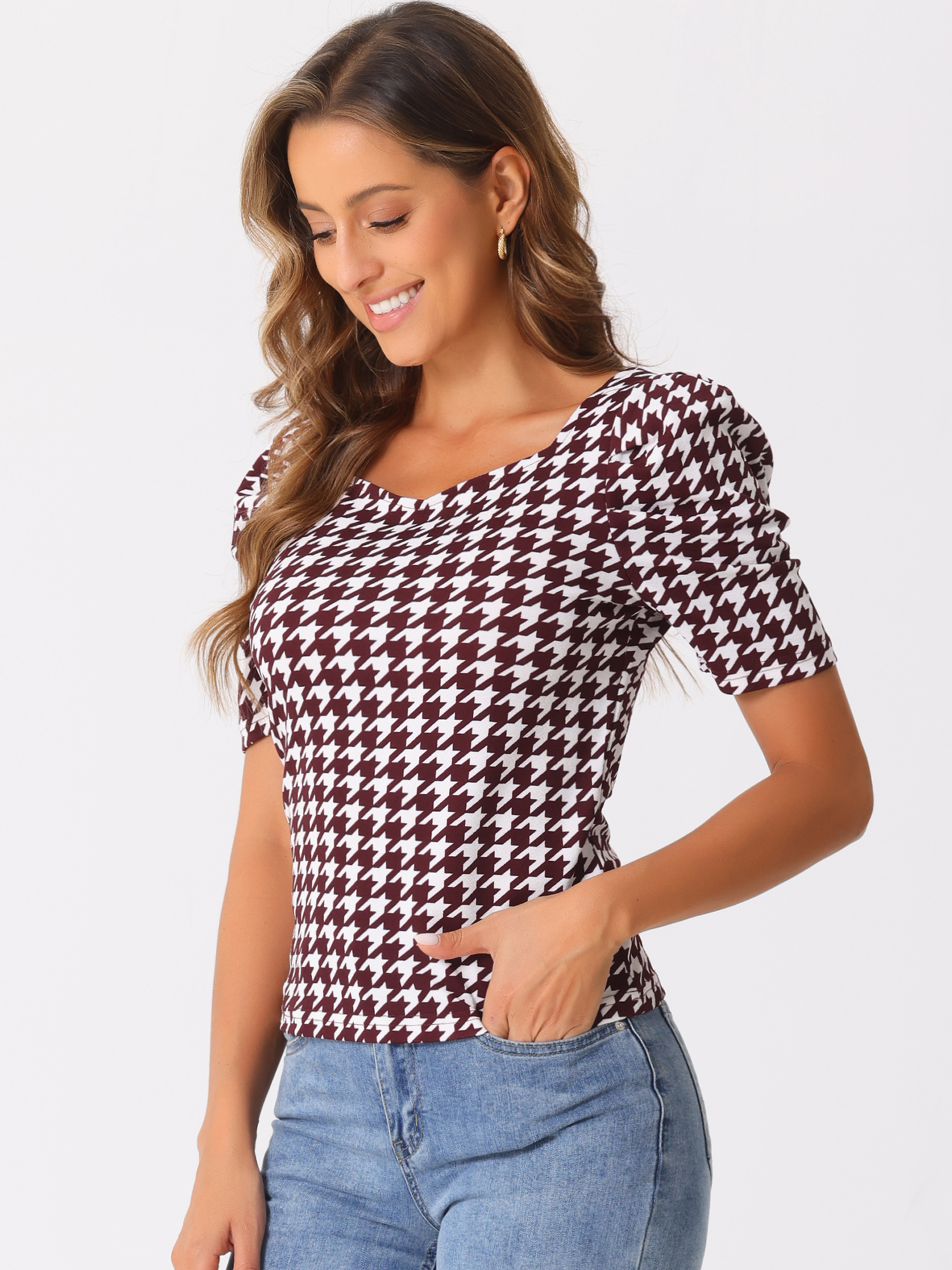 Houndstooth Puff Short Sleeve Square Neck Blouse Burgundy/XS