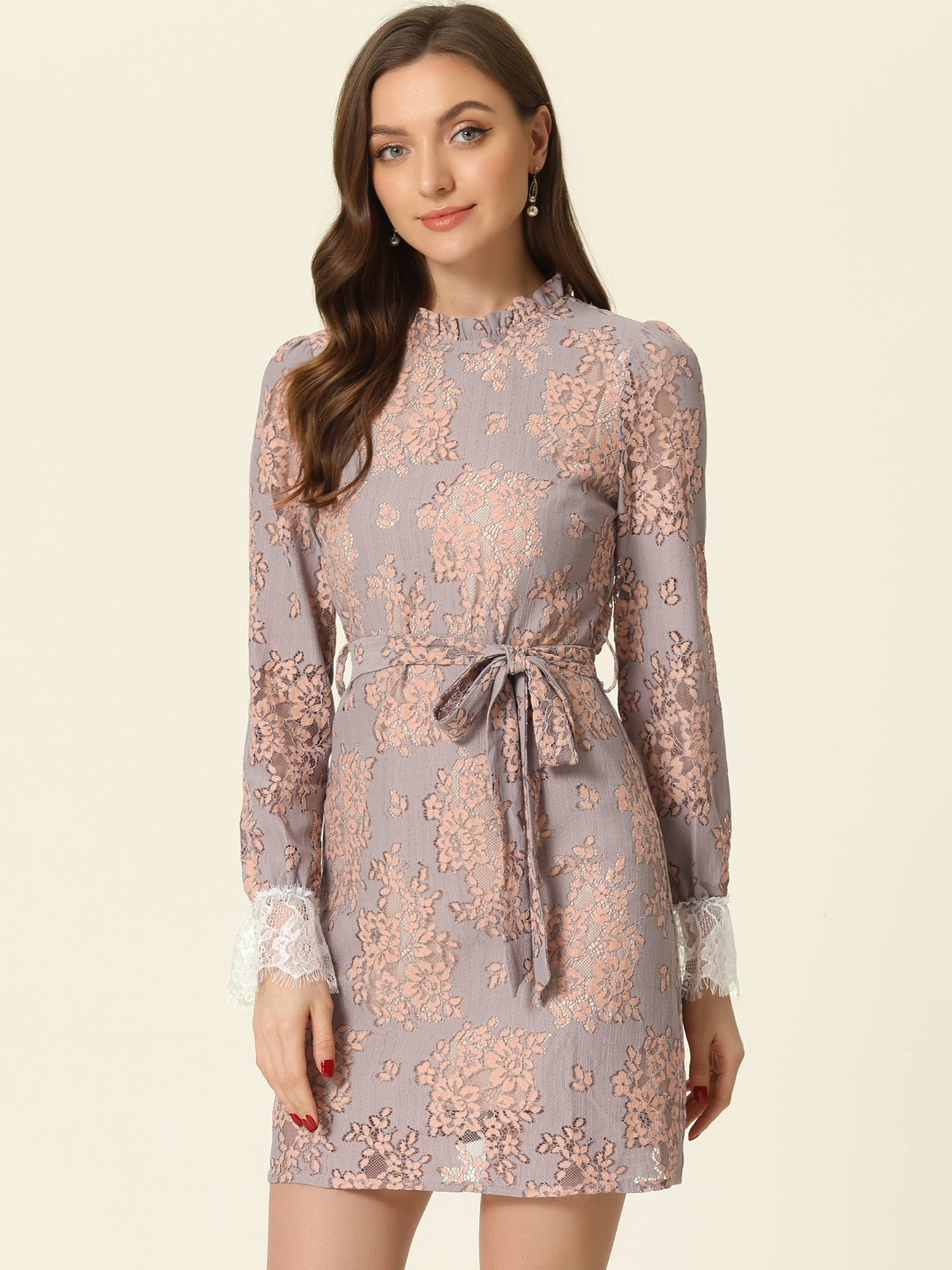 Lace Floral Ruffle Crew Neck Cocktail Mini Dress Grey Pink/3XL