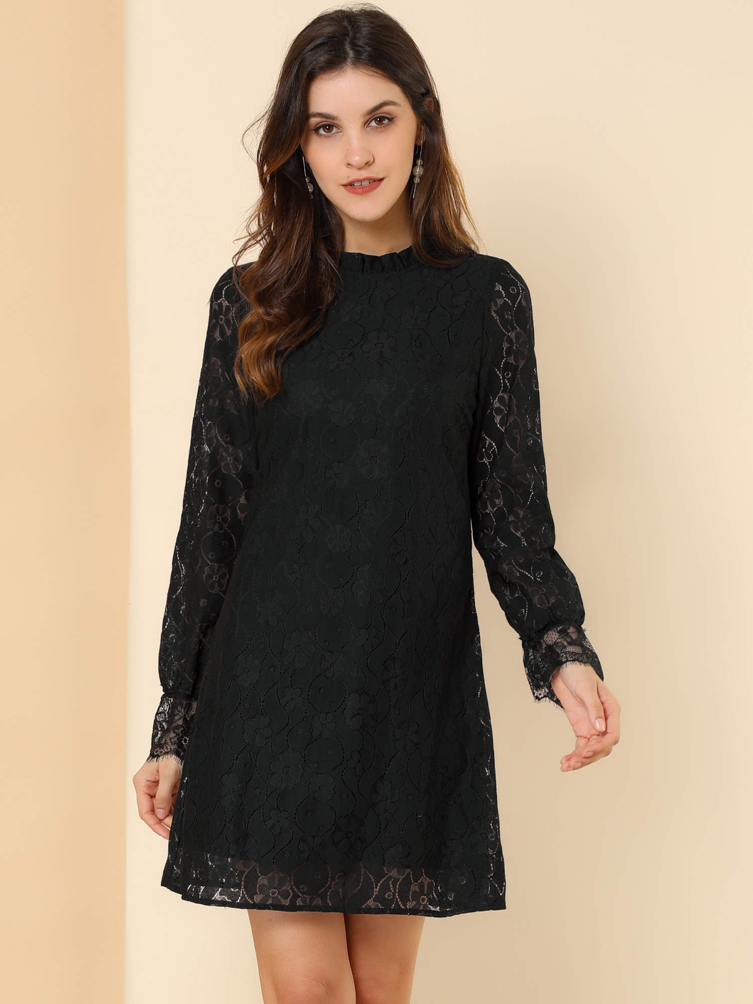 Lace Floral Ruffle Crew Neck Cocktail Mini Dress Black/2XL