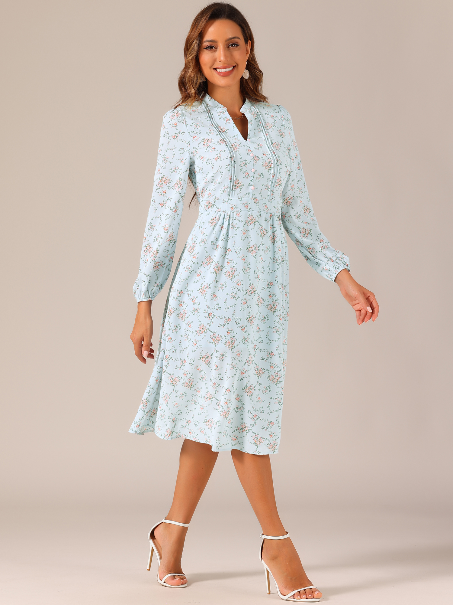 Floral Print Long Sleeve Spring Flowy Midi Boho Dress Blue/S