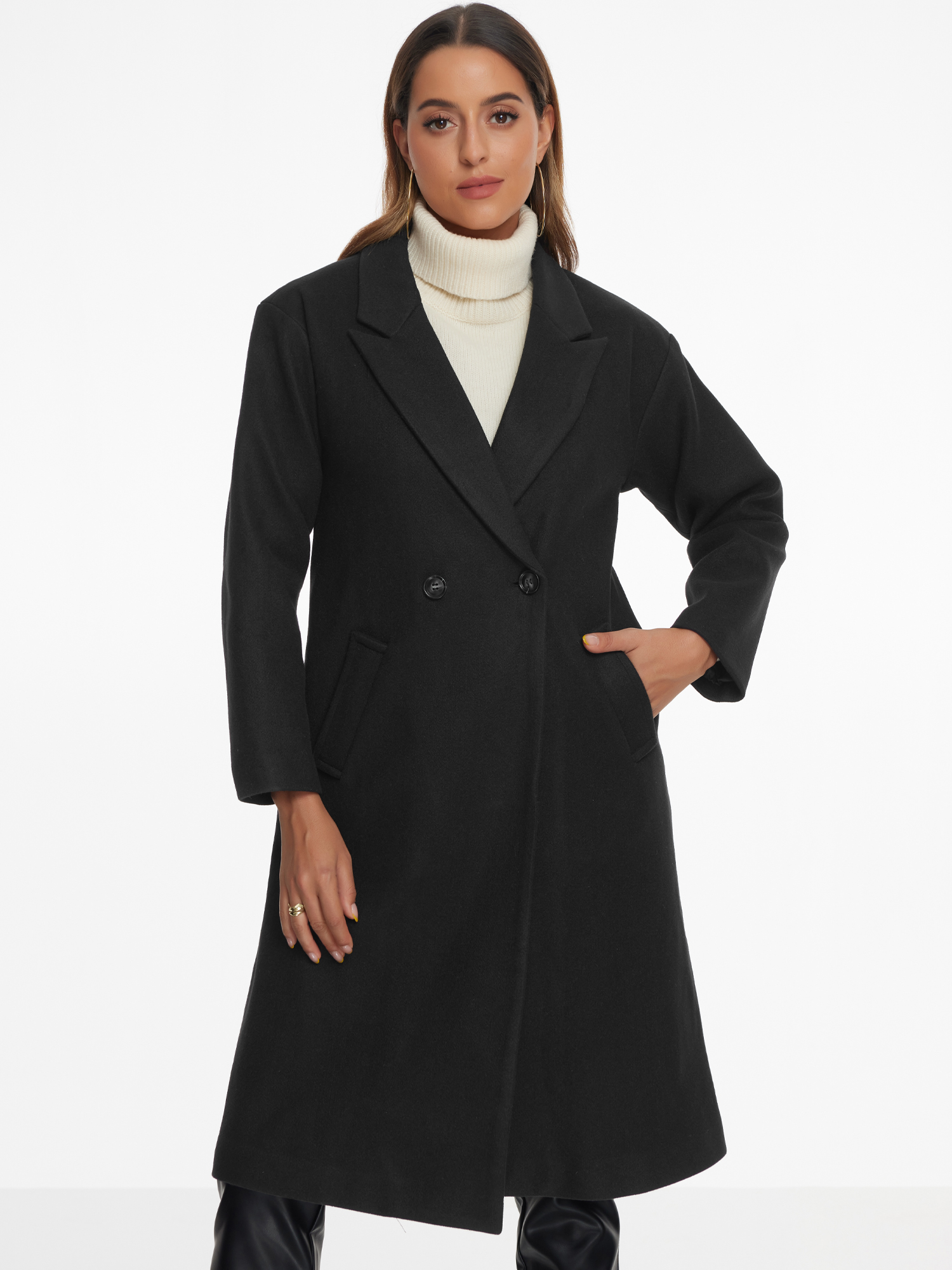Notch Lapel Double-Breasted Solid Color Mid-Length Pea Coat Black/L