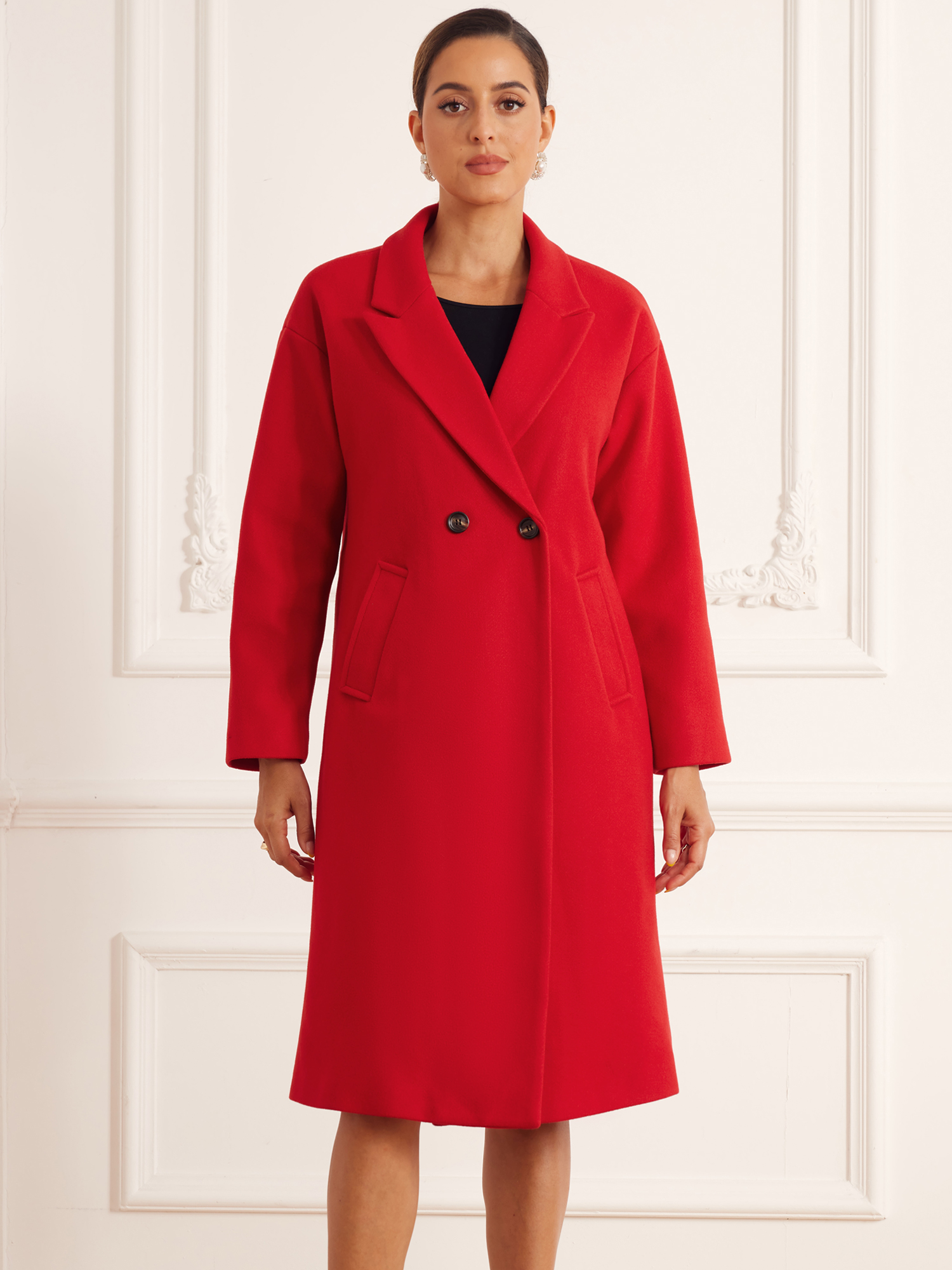 Notch Lapel Double-Breasted Solid Color Mid-Length Pea Coat Red/S