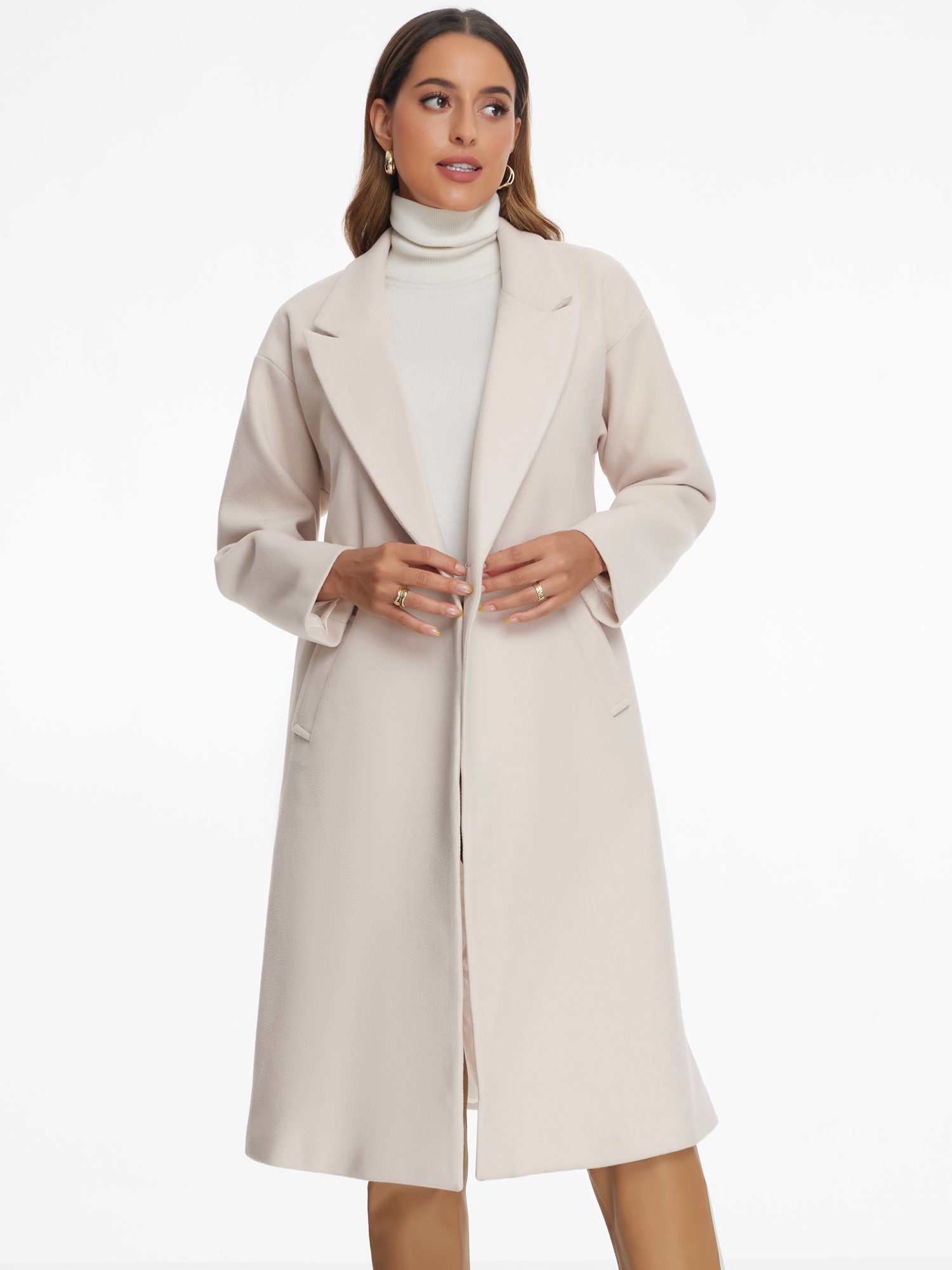 Notch Lapel Double-Breasted Solid Color Mid-Length Pea Coat Beige/XS