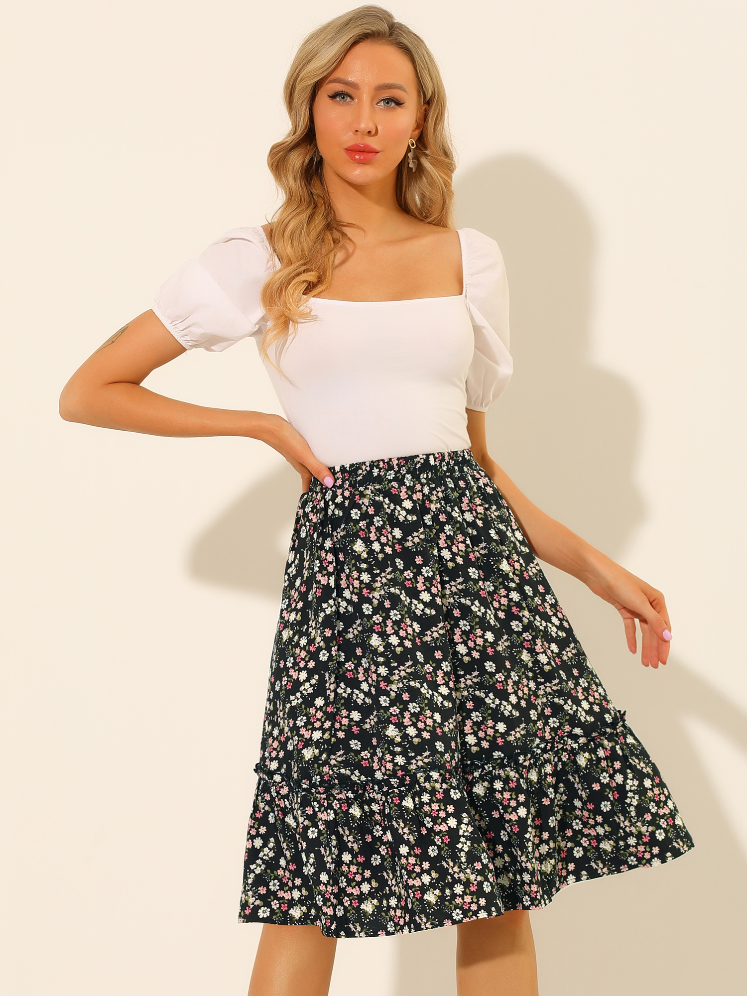 Ruffle Hem Elastic Waist Flowy A-Line Swing Floral Midi Skirt Black/2XL