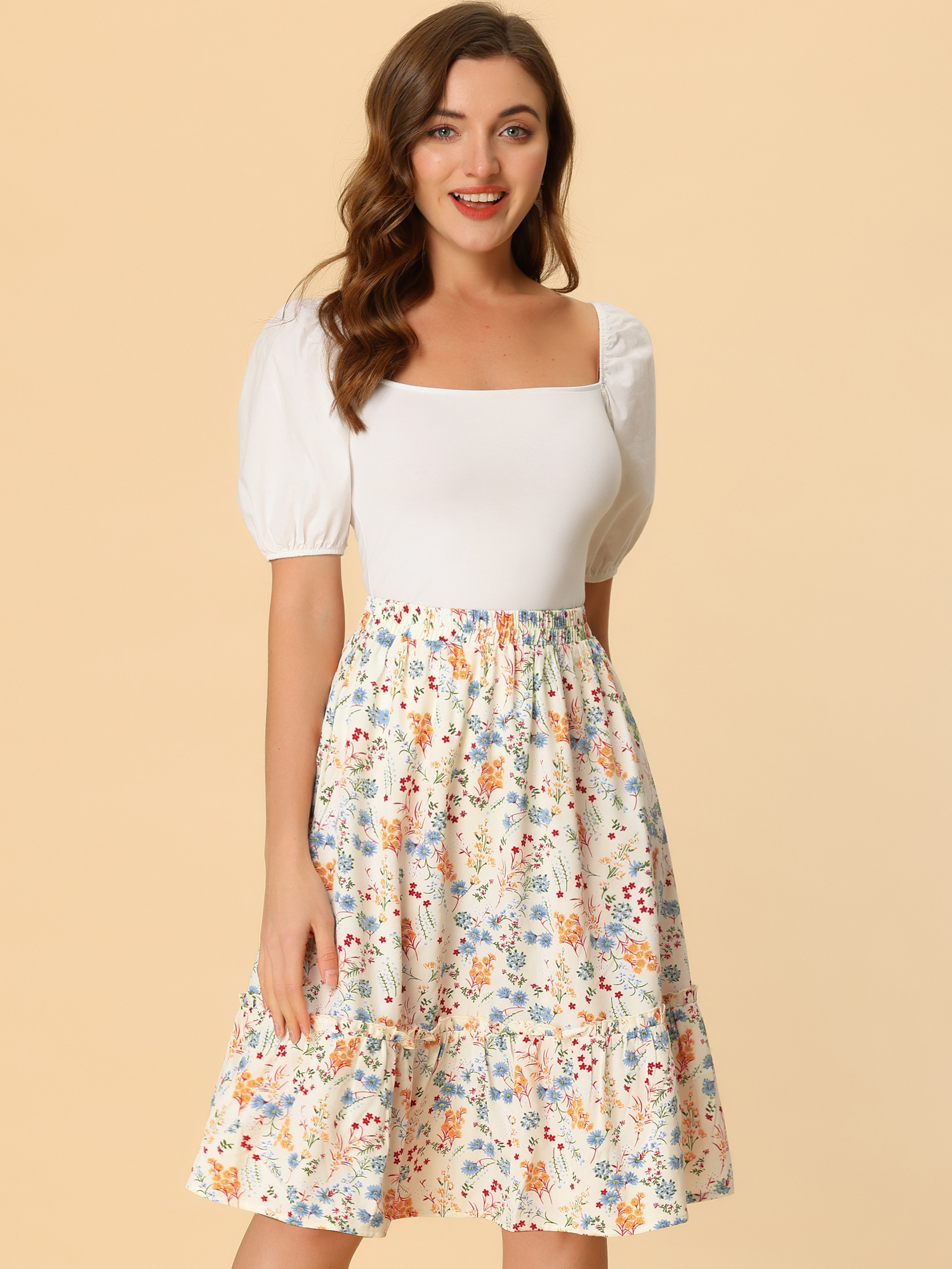 Ruffle Hem Elastic Waist Flowy A-Line Swing Floral Midi Skirt White/2XL