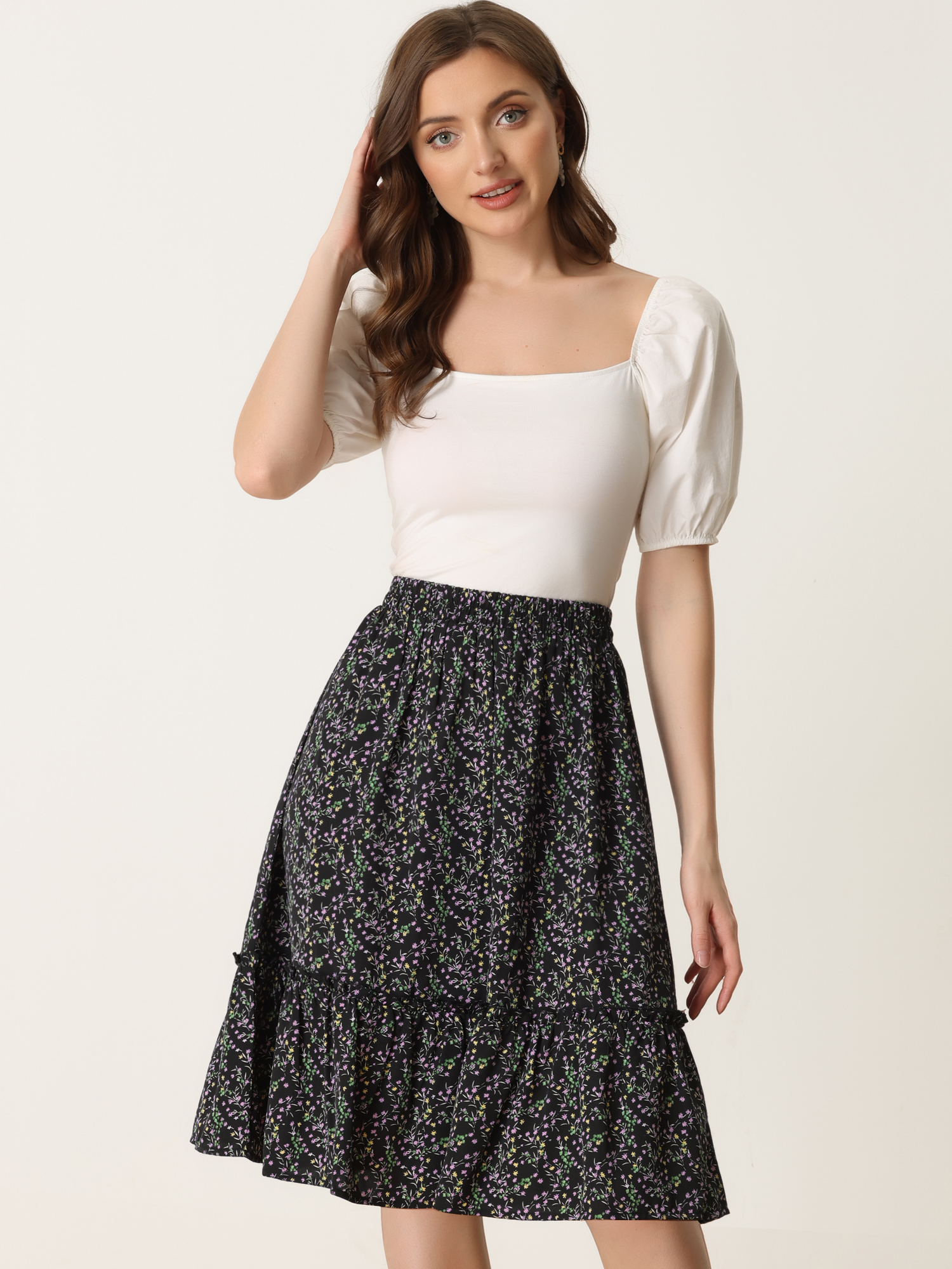 Ruffle Hem Elastic Waist Flowy A-Line Swing Floral Midi Skirt Black Floral/2XL
