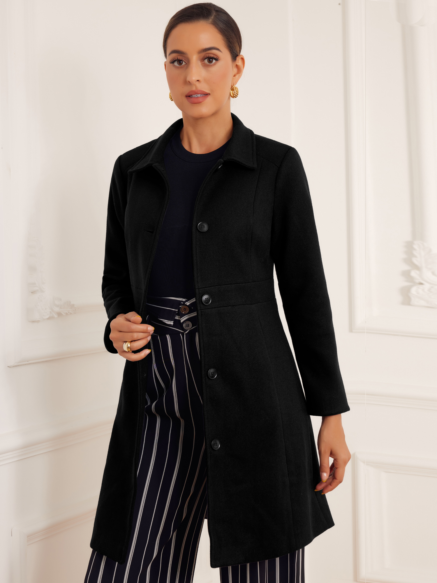 Lapel Button Down Single Breasted Long Sleeve Winter Pea Coat Black/M