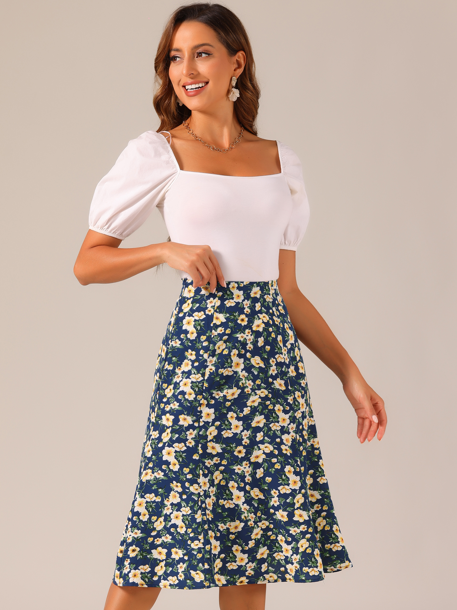 Floral Peasant Elastic Waist A-Line Ditsy Leave Midi Skirt Dark Blue/M