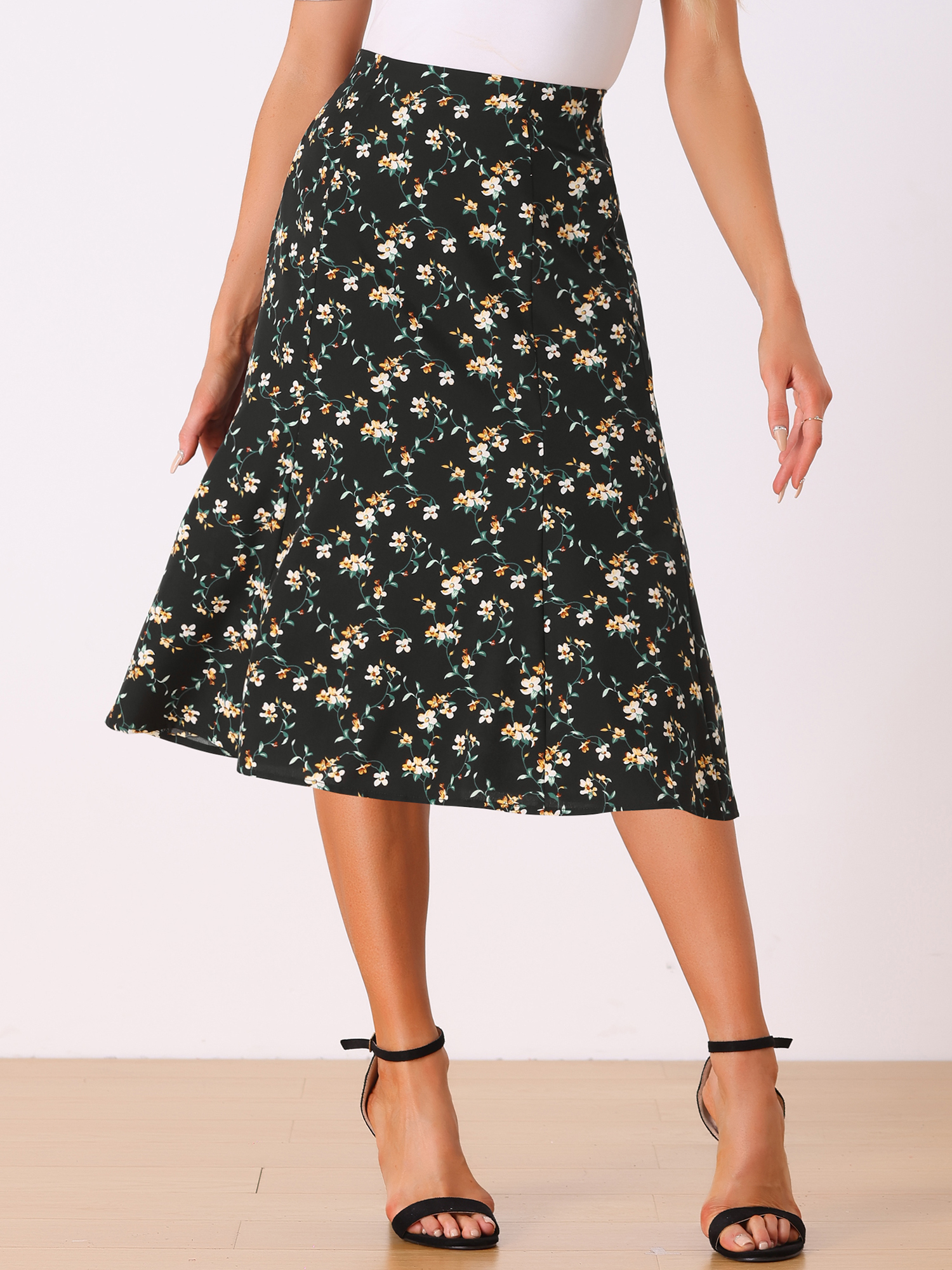 Floral Peasant Elastic Waist A-Line Ditsy Leave Midi Skirt Black White/S