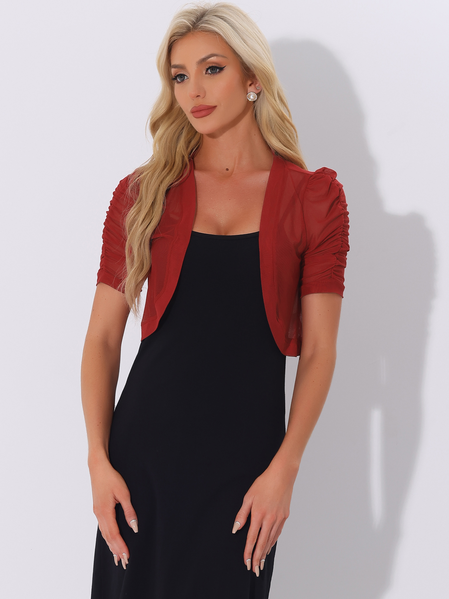Short Sleeve Open Front Cropped Mesh Sheer Bolero Shrug Red/XS