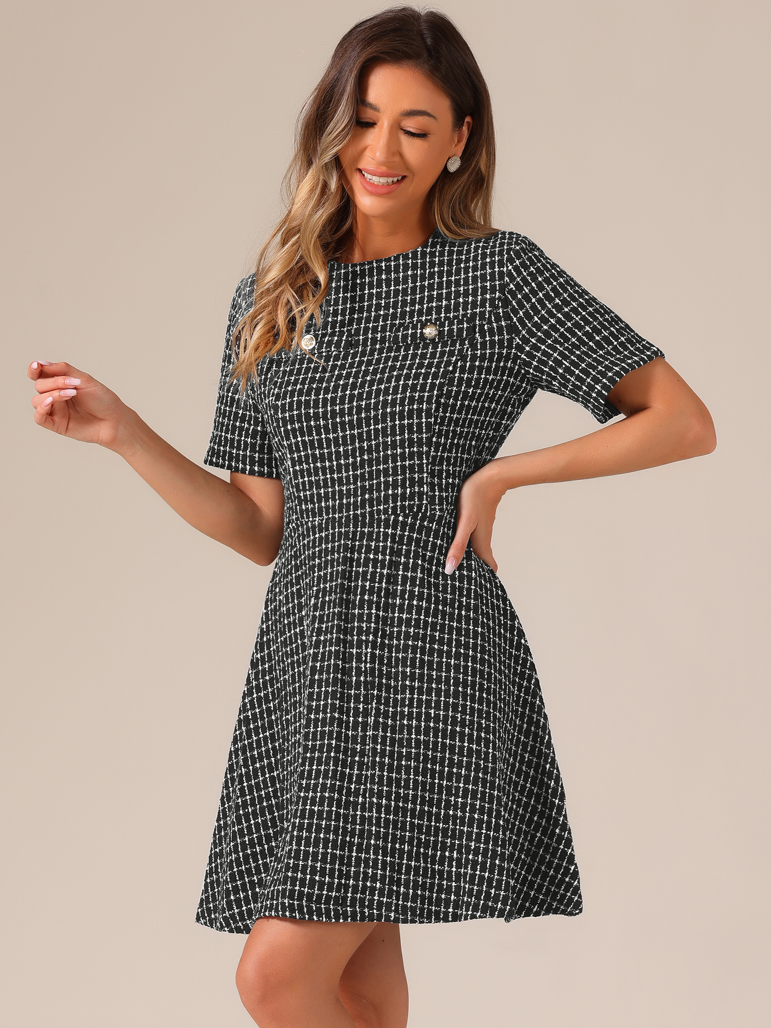 Short Sleeve Plaid Tweed Zipper Casual Mini Dress Black and White/XL