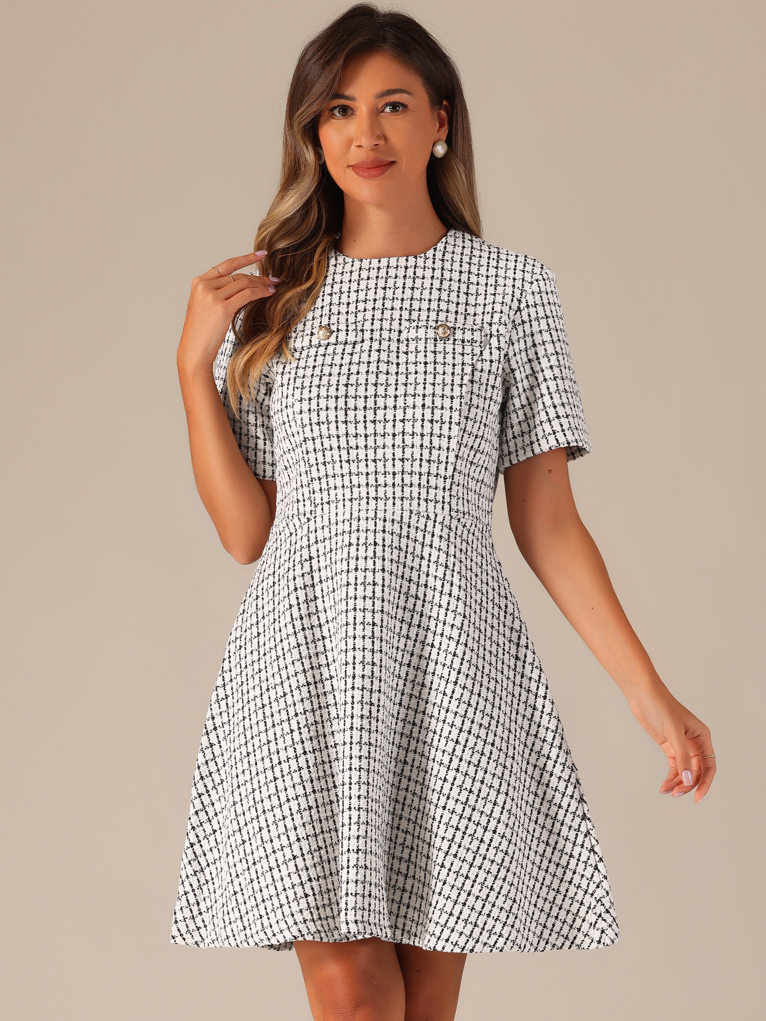 Short Sleeve Plaid Tweed Zipper Casual Mini Dress Apricot and Black/S