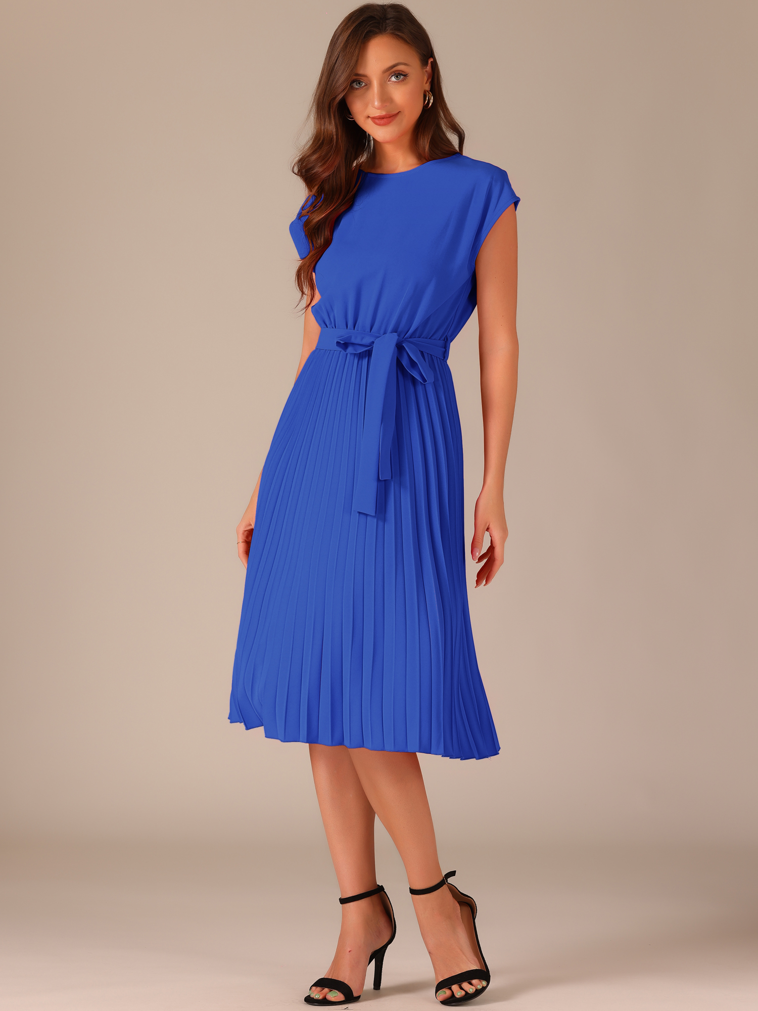 Crew Neck Sleeveless Tie Waist A-Line Pleated Dress Royal Blue/L