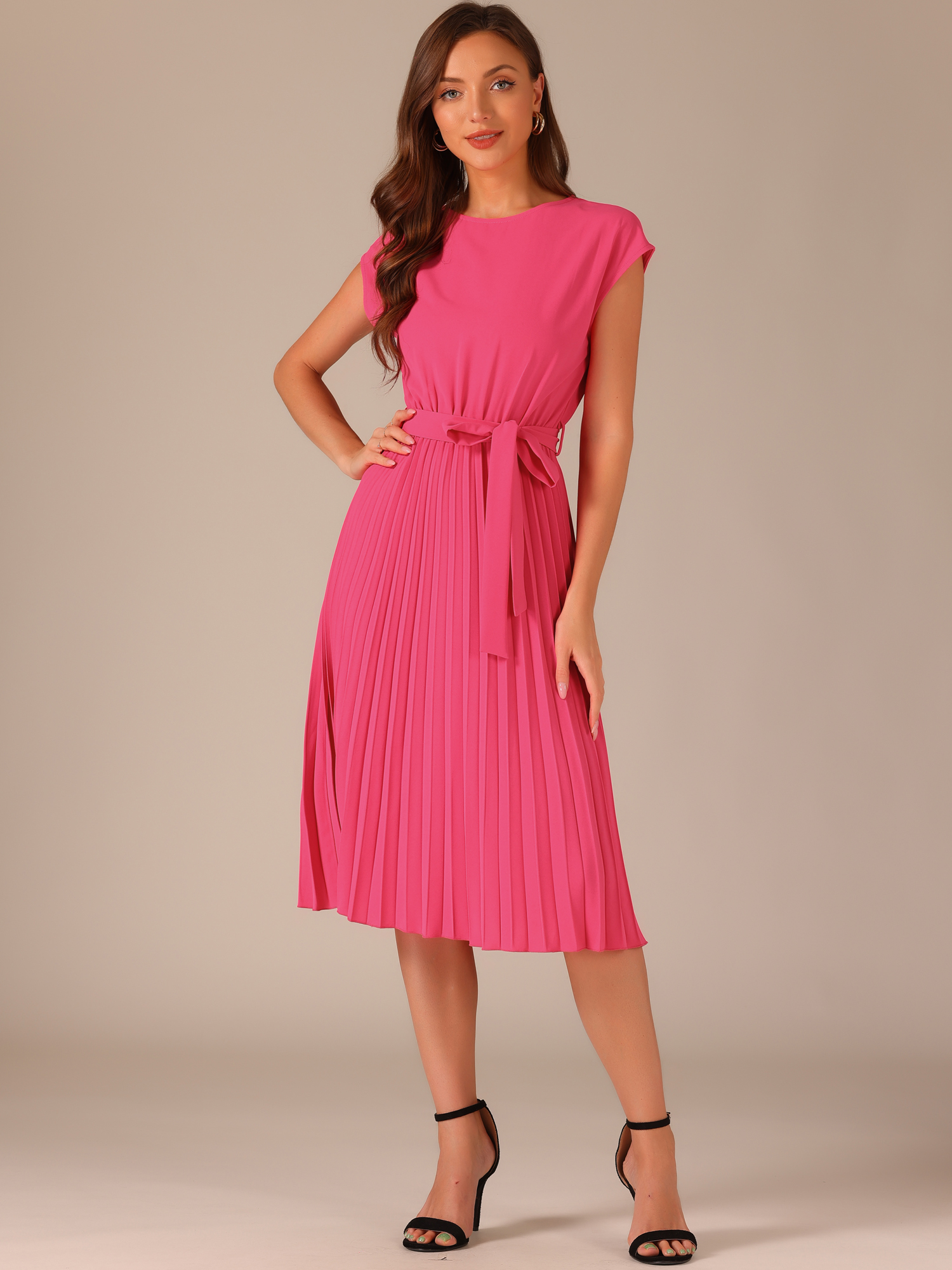 Crew Neck Sleeveless Tie Waist A-Line Pleated Dress Hot Pink/XS