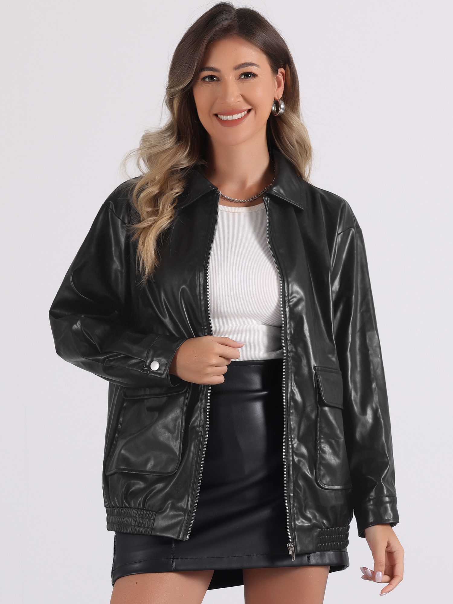 Long Sleeves Motorcycle Biker Zipper Faux PU Leather Jacket Black/XL
