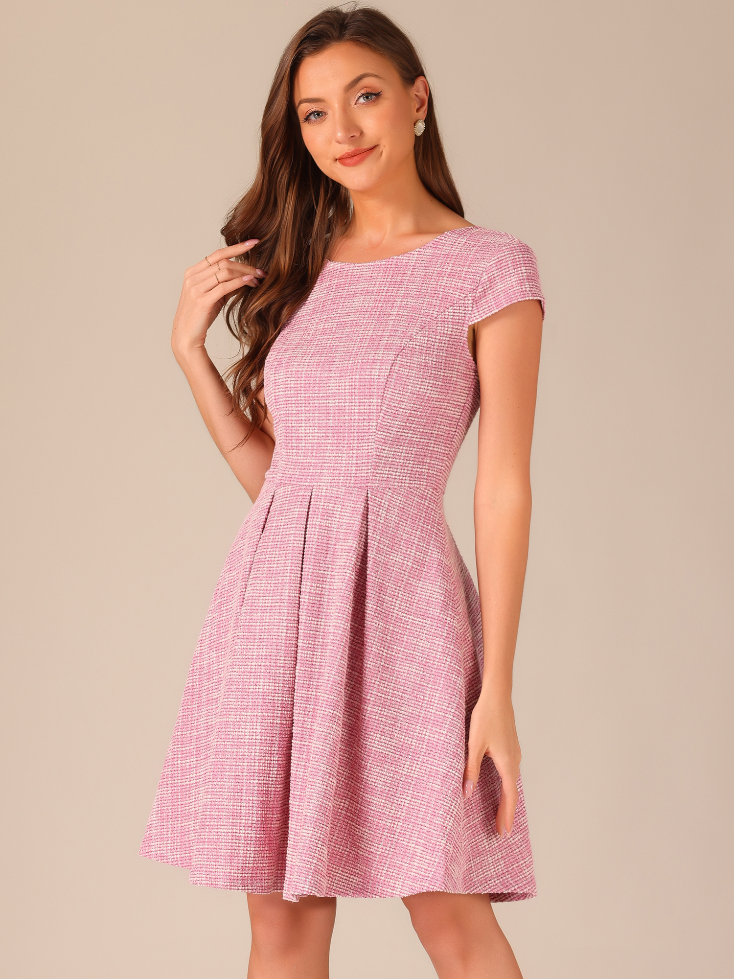 Plaid Tweed Round Neck Cap Sleeve A-Line Vintage Pleated Dress White Pink/M