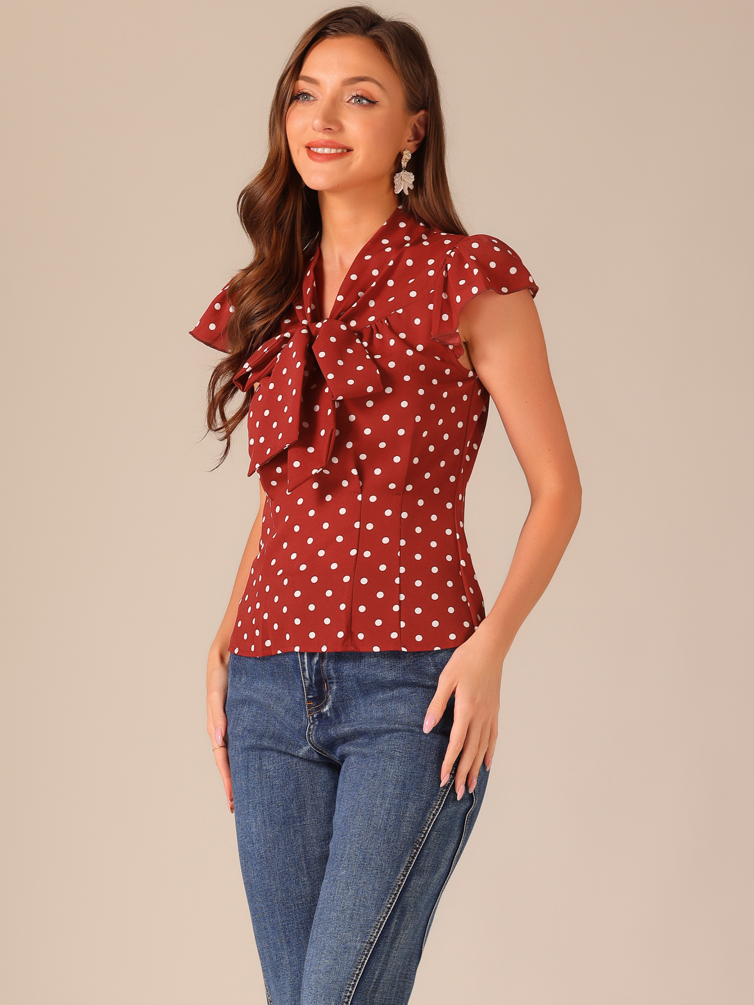 Summer Polka Dots Top Bow Tie V Neck Ruffled Cap Sleeve Office Blouse Red/XS